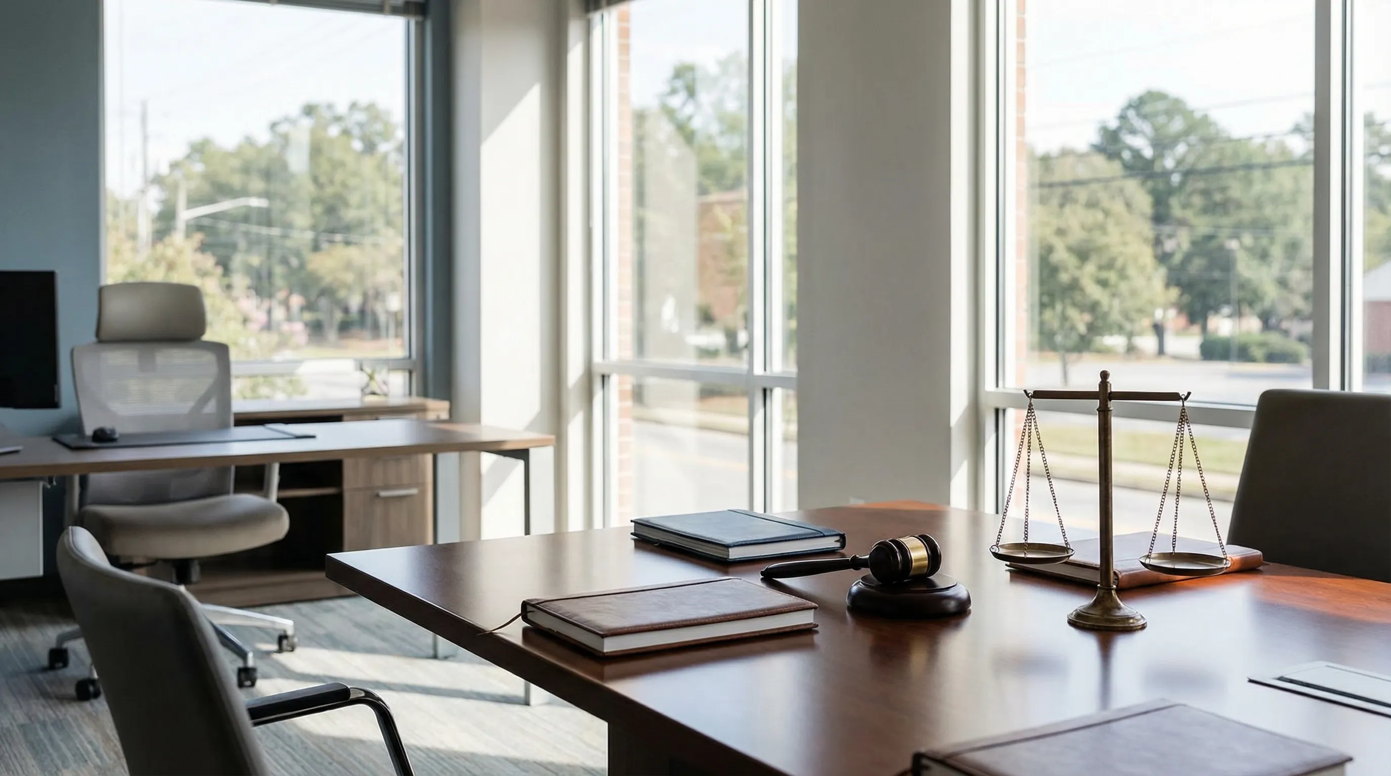 Personal injury attorney in professional office consulting with client in Fayetteville, NC law office