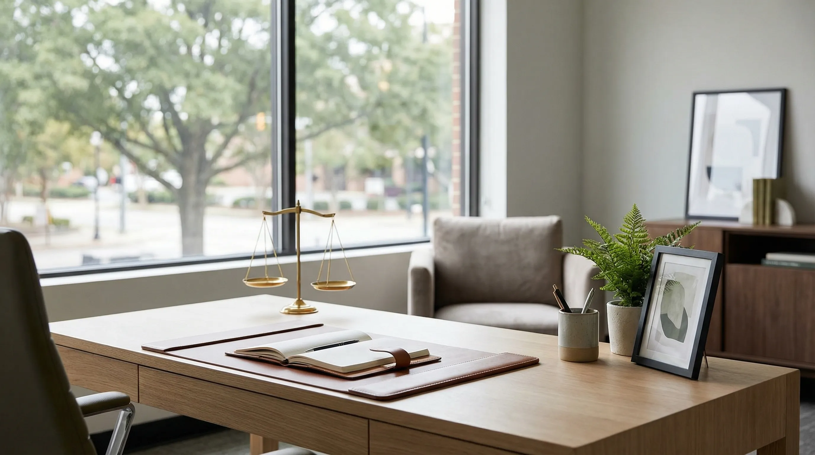 Personal injury attorney in professional office consulting with client in Fayetteville, NC law office