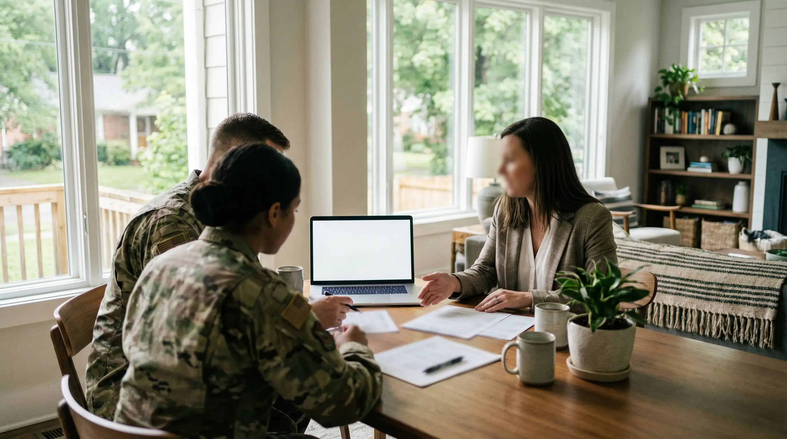 Military couple reviewing home purchase contract with real estate agent in Fayetteville, NC residential neighborhood near Fort Liberty