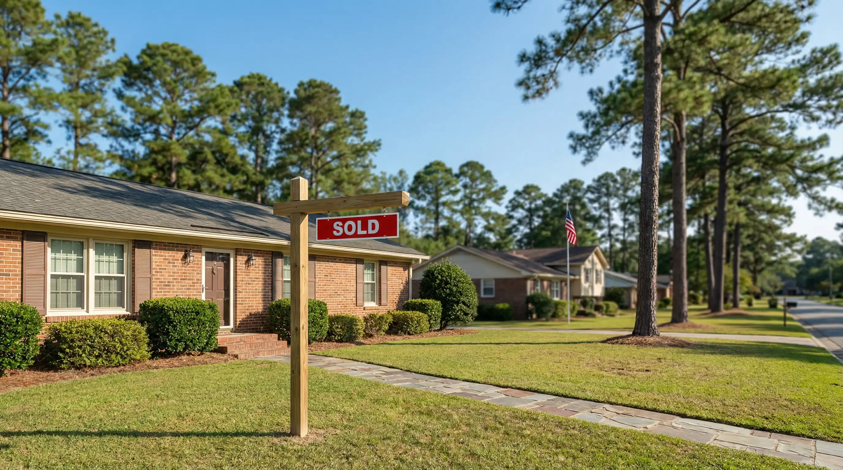 Military couple reviewing home purchase contract with real estate agent in Fayetteville, NC residential neighborhood near Fort Liberty