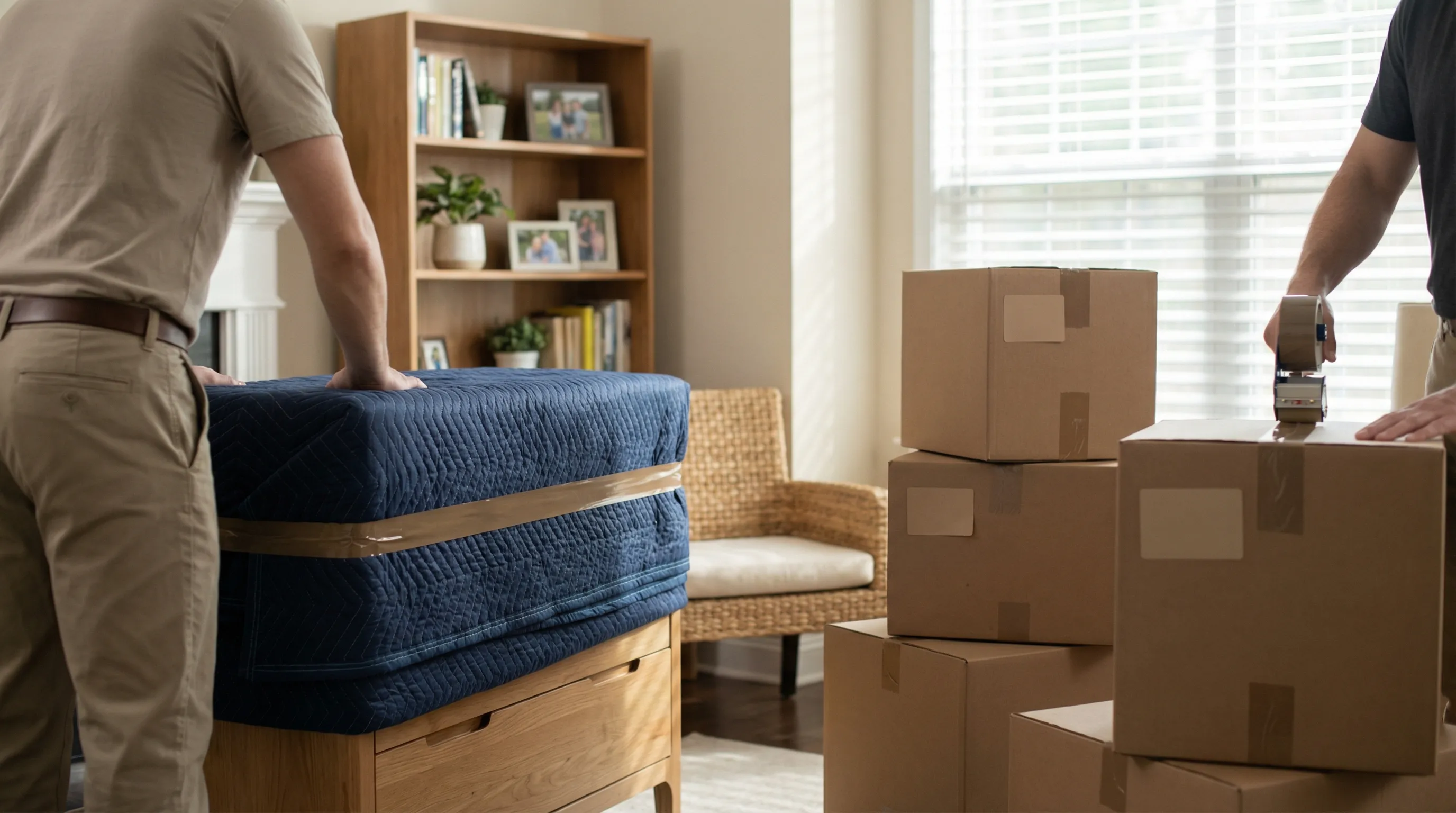 Professional moving crew loading a branded moving truck outside a suburban home in Fayetteville, NC on PCS moving day