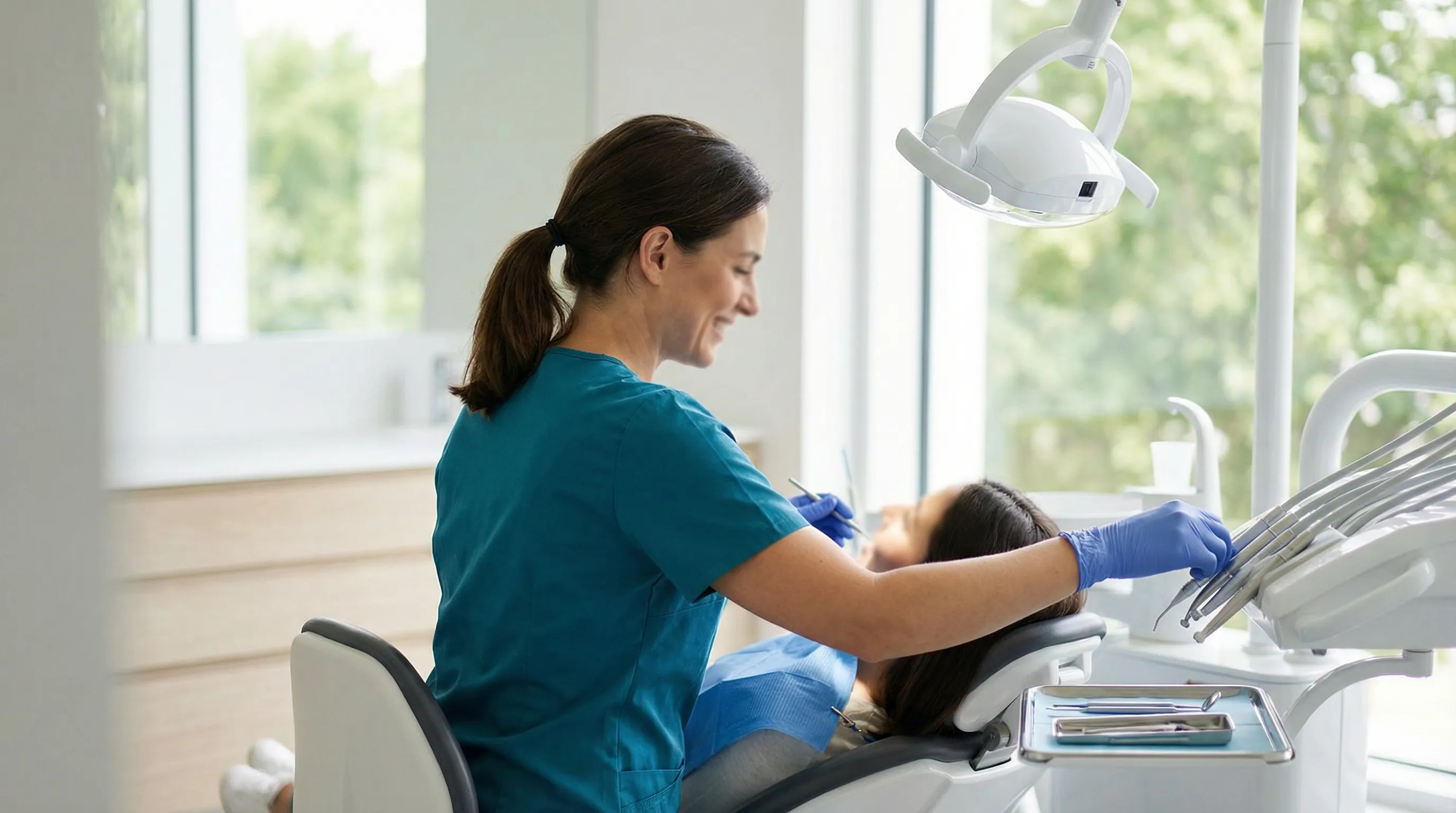 Modern dental office reception area in Fayetteville, NC welcoming new military family patients with friendly staff and bright clean interior