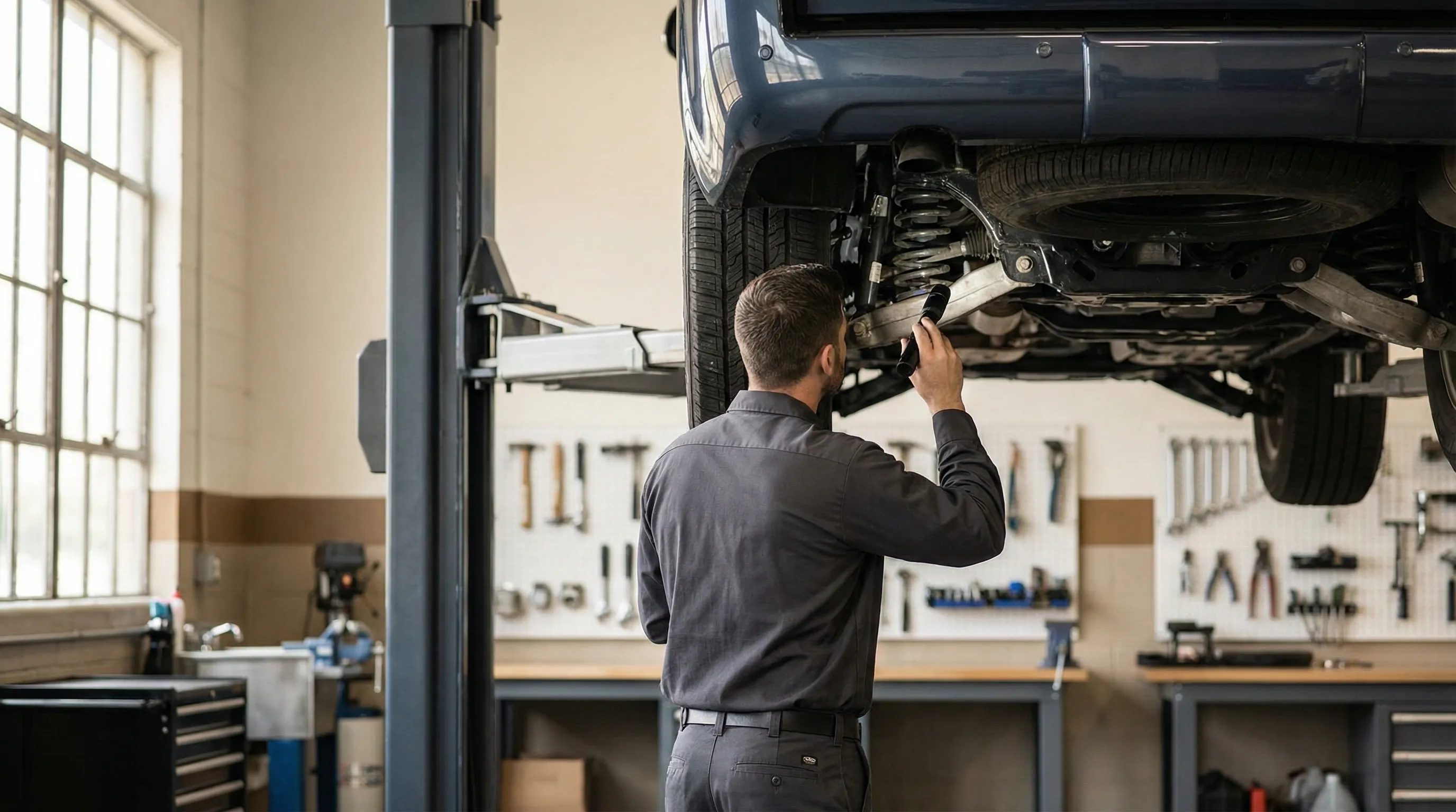 ASE certified mechanic performing vehicle inspection at an independent auto repair shop in Fayetteville, NC near Fort Liberty