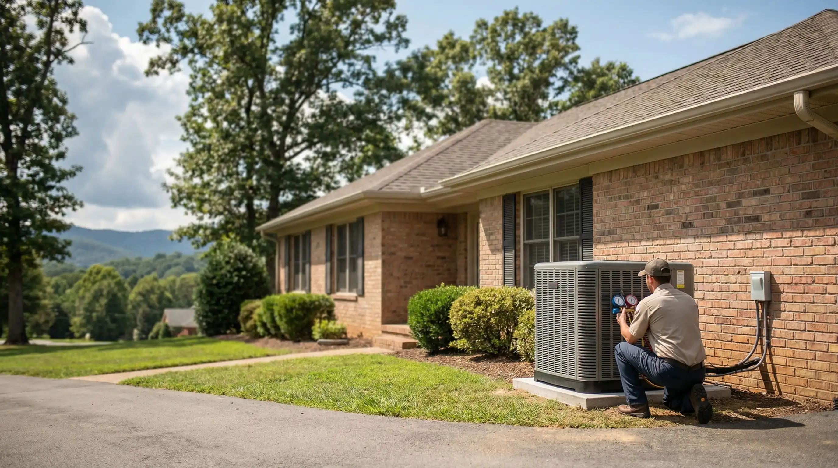 Professional HVAC technician servicing a residential unit in suburban Birmingham, AL