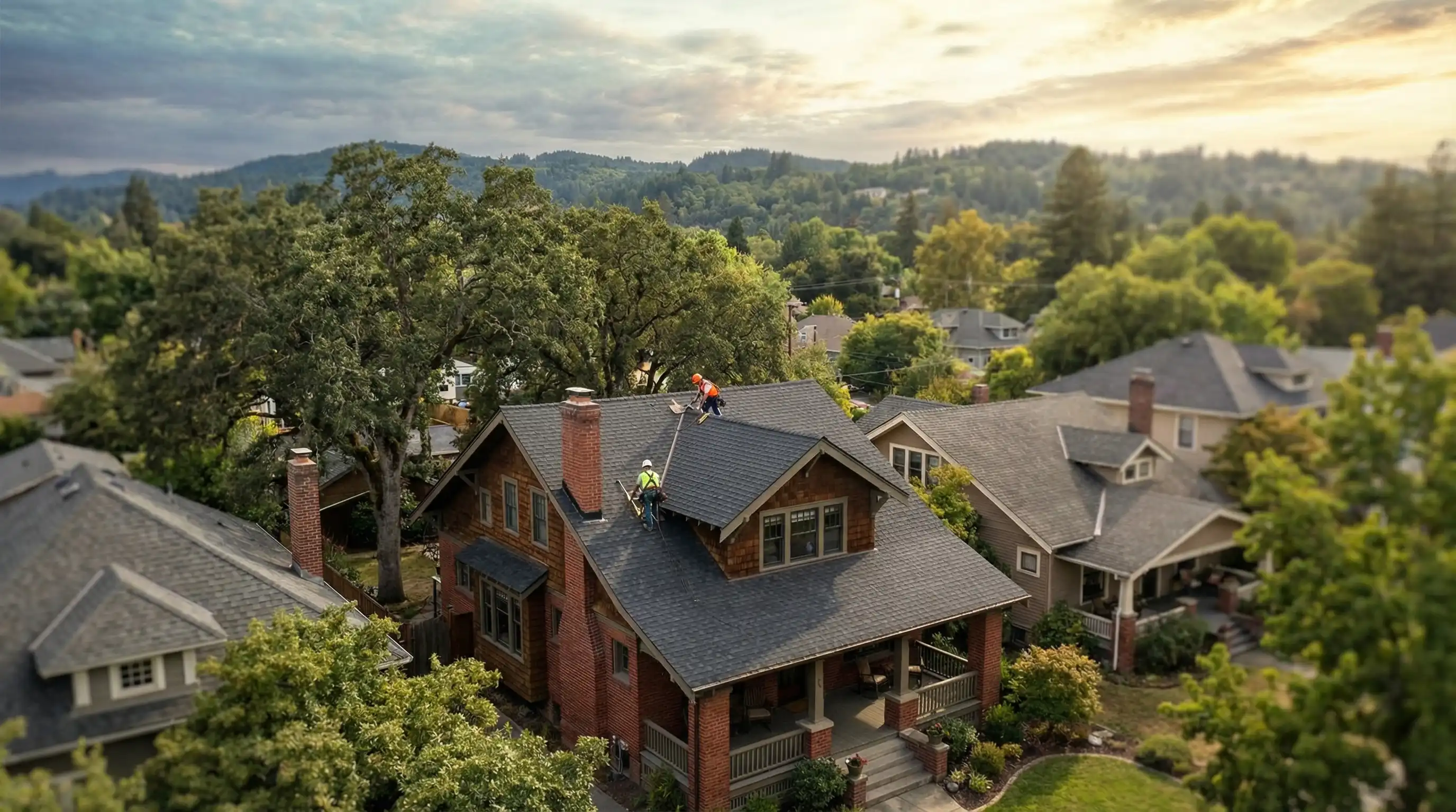 Professional roofers replacing shingles on a craftsman-style home in Birmingham, AL after storm damage