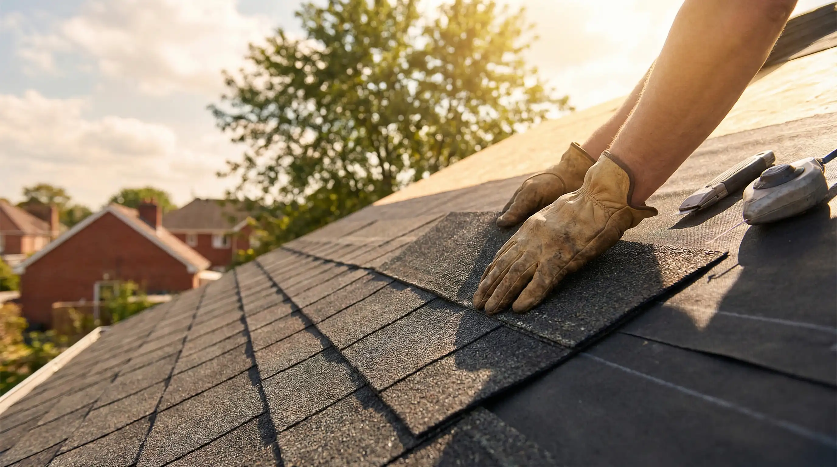 Professional roofers replacing shingles on a craftsman-style home in Birmingham, AL after storm damage