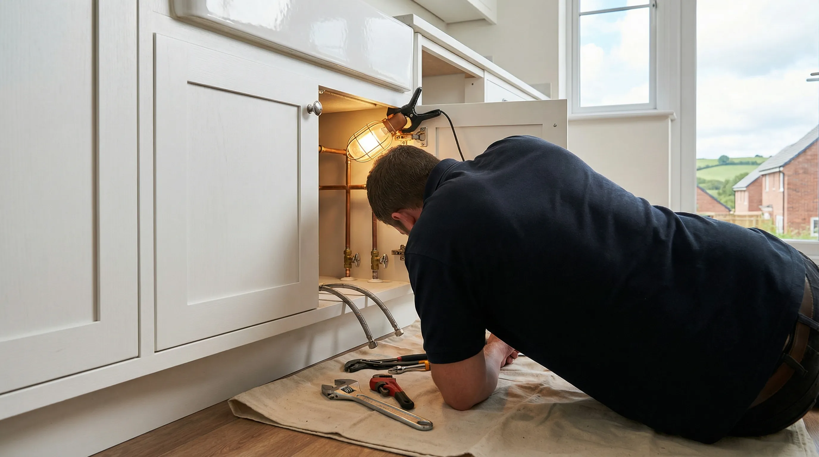 Licensed plumber servicing under-sink plumbing in a residential home in Birmingham, AL