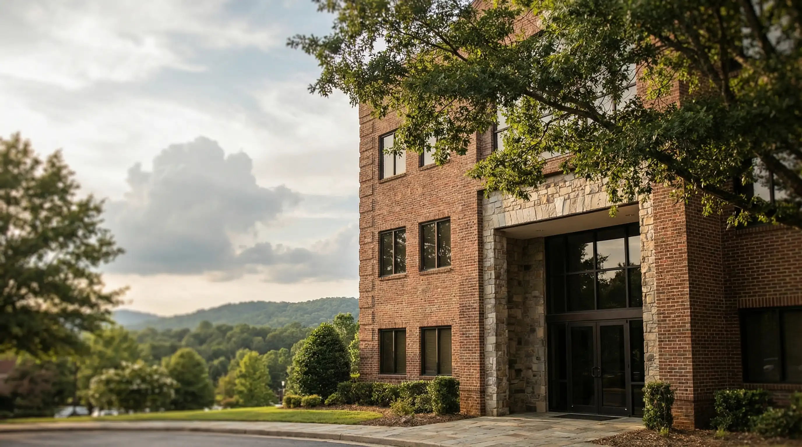 Professional financial advisor office exterior in Homewood or Mountain Brook, Birmingham AL suburban setting