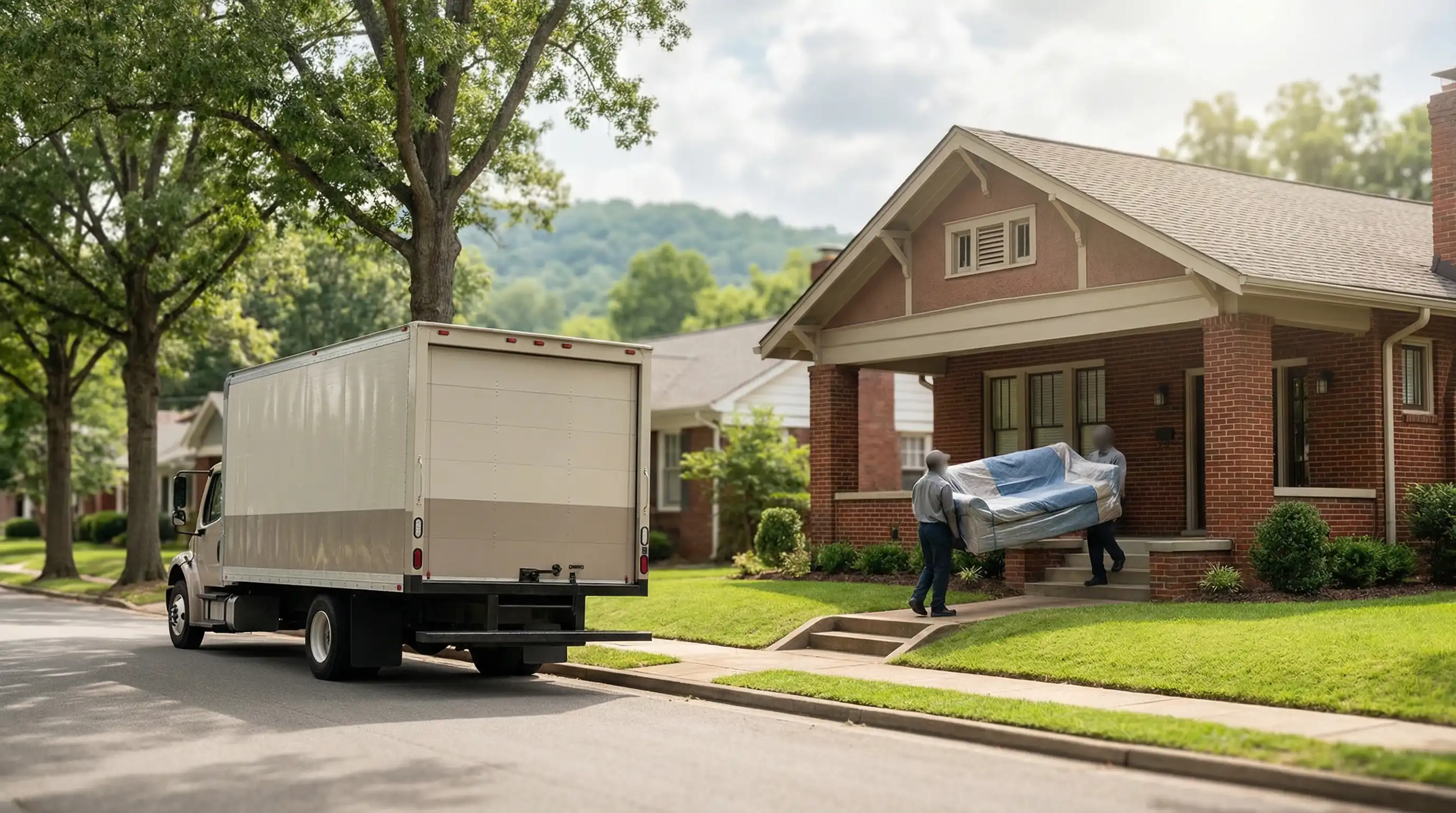 Branded moving truck in front of a suburban home in Hoover or Homewood neighborhood, Birmingham AL