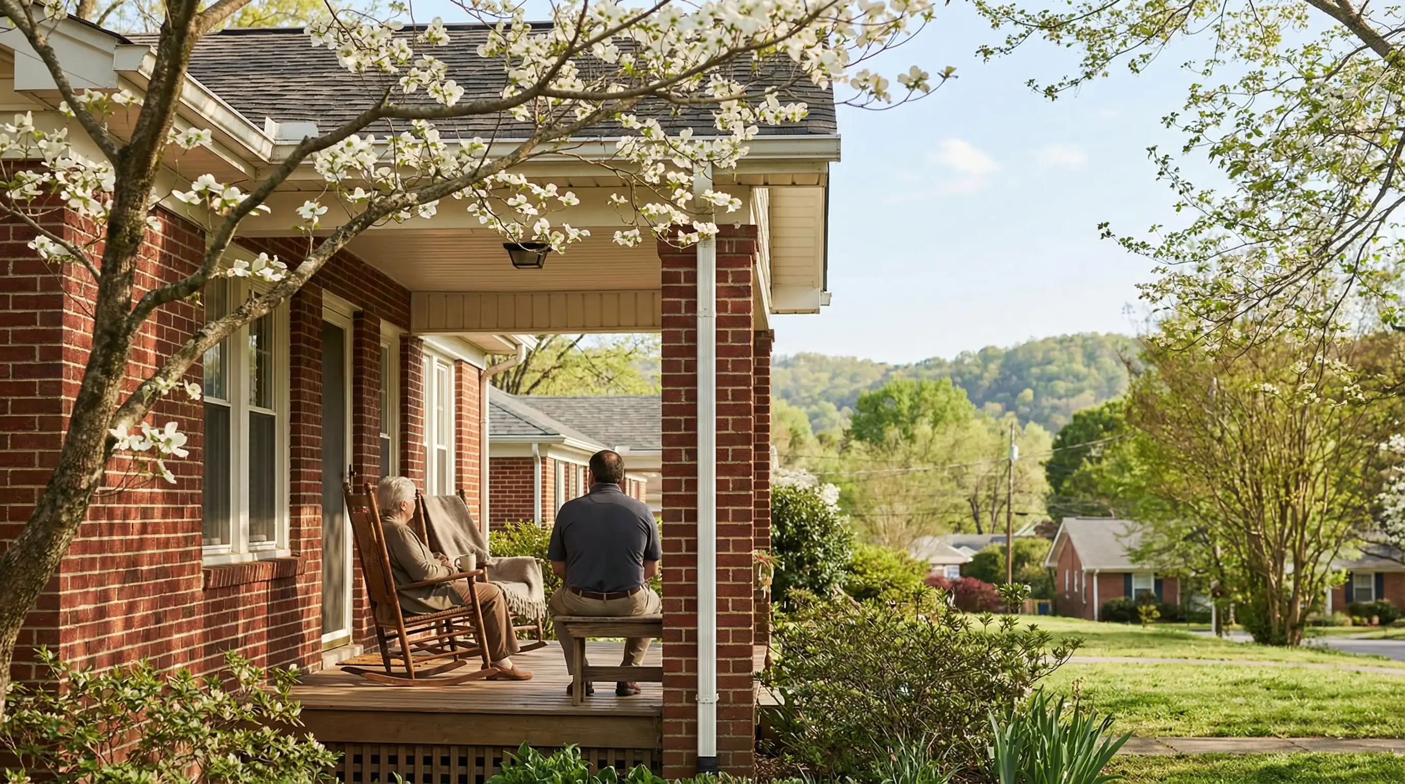 Caregiver and elderly woman on a front porch of a Birmingham Alabama home surrounded by dogwood trees in spring