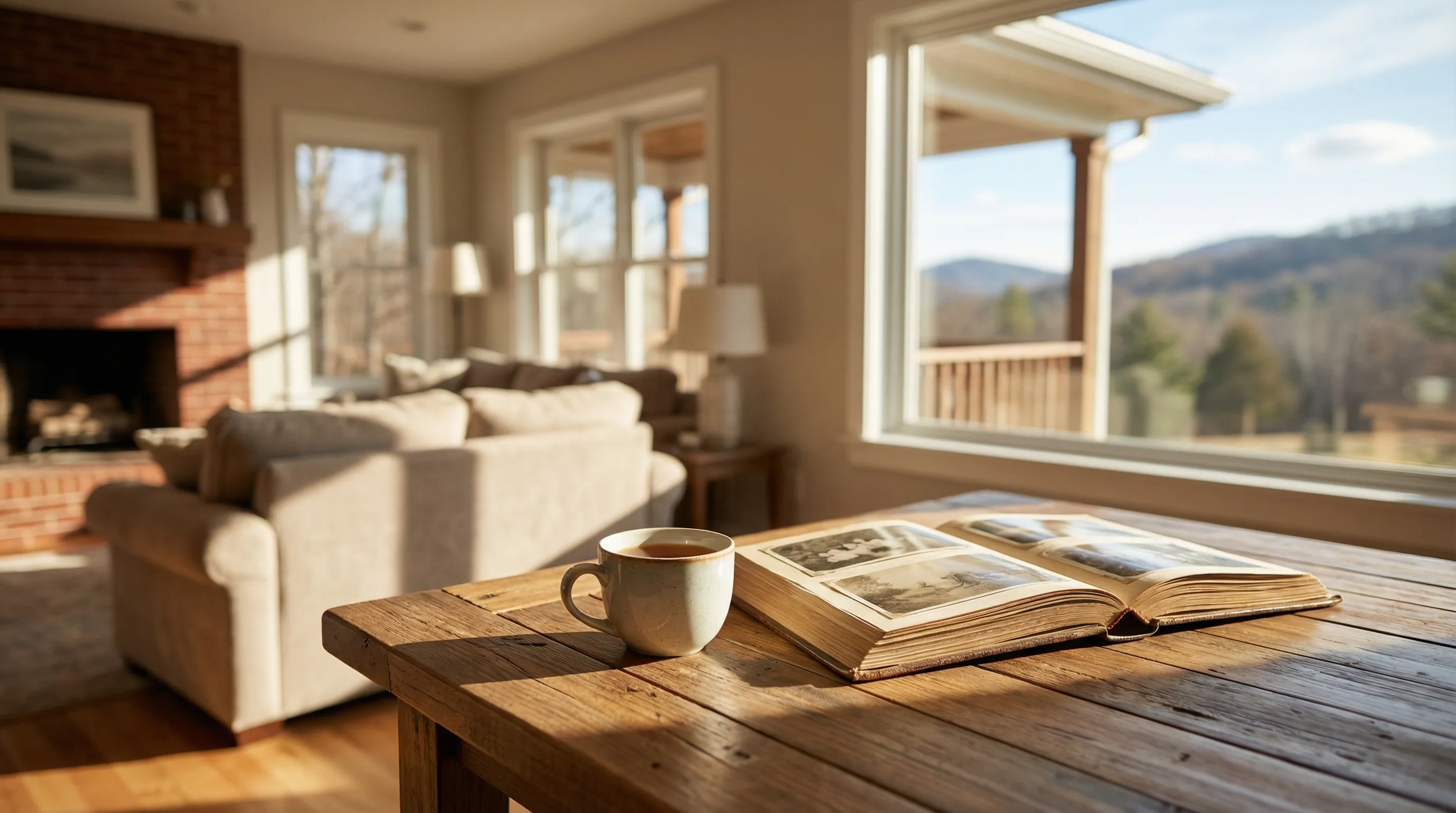 Caregiver and elderly woman on a front porch of a Birmingham Alabama home surrounded by dogwood trees in spring