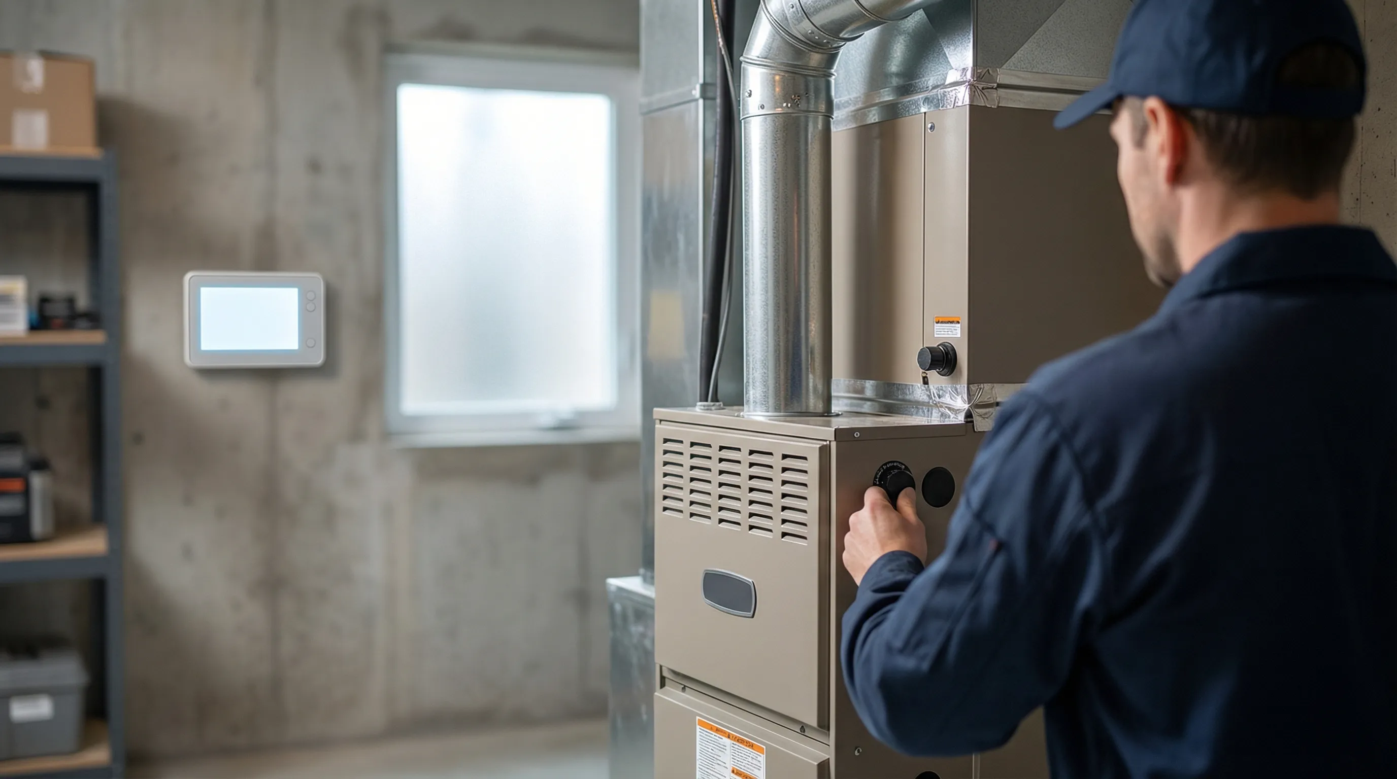 Professional HVAC technician installing high-efficiency furnace in Grand Rapids, MI home utility room