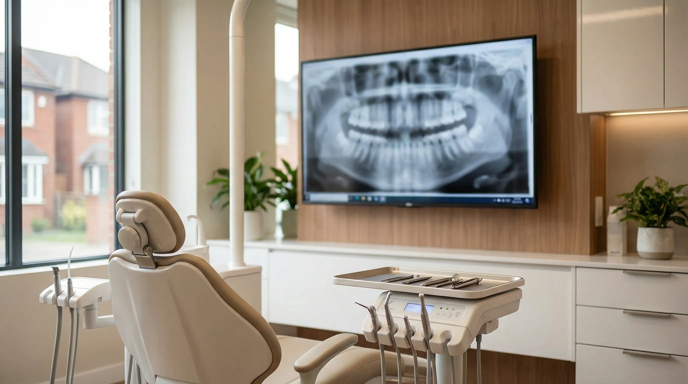 Modern dental practice interior in Grand Rapids, MI — smiling hygienist with patient, bright clean operatory
