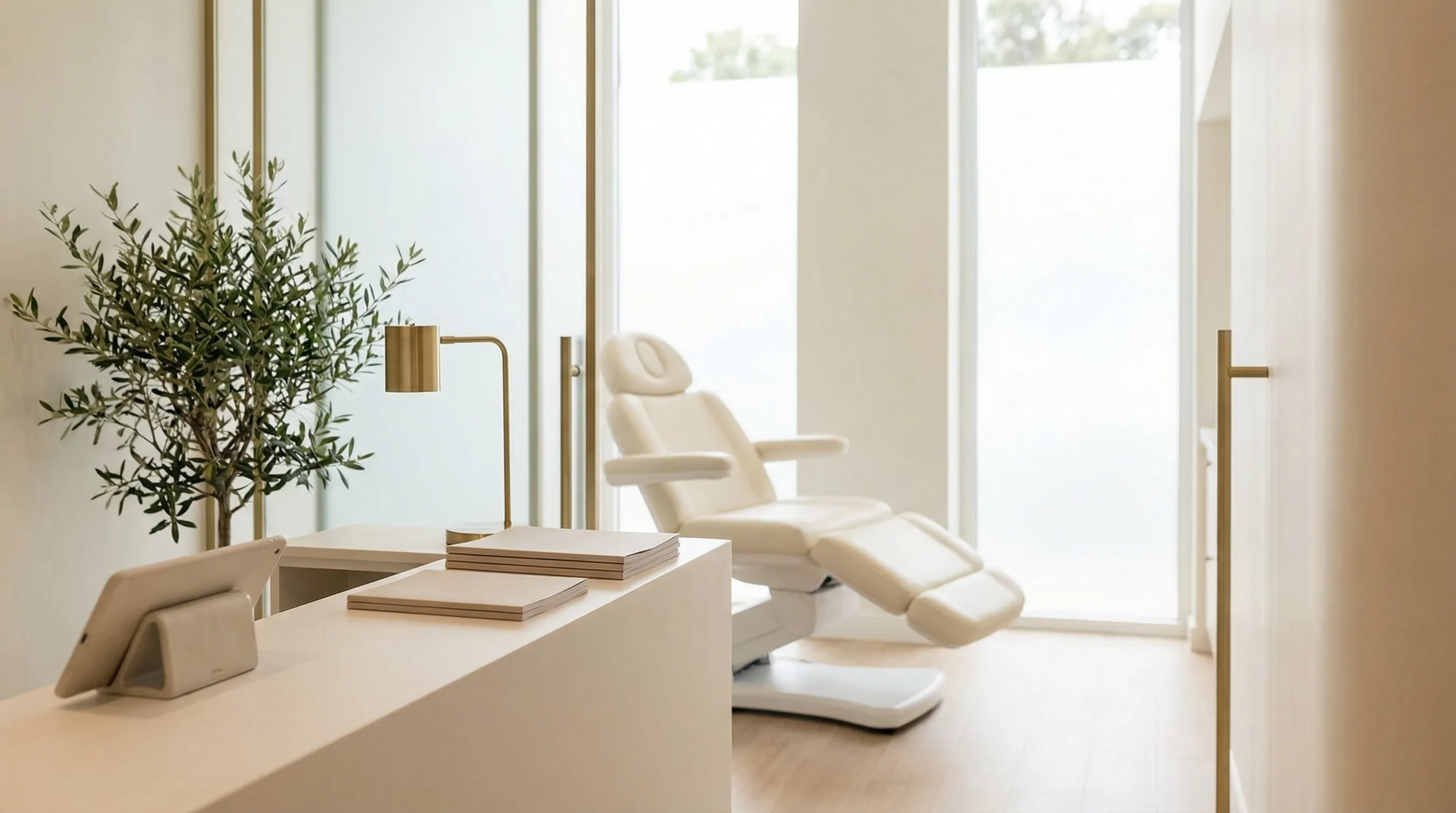 Modern medical spa treatment room in Grand Rapids, MI — clean white environment, practitioner preparing injectable treatment with professional precision