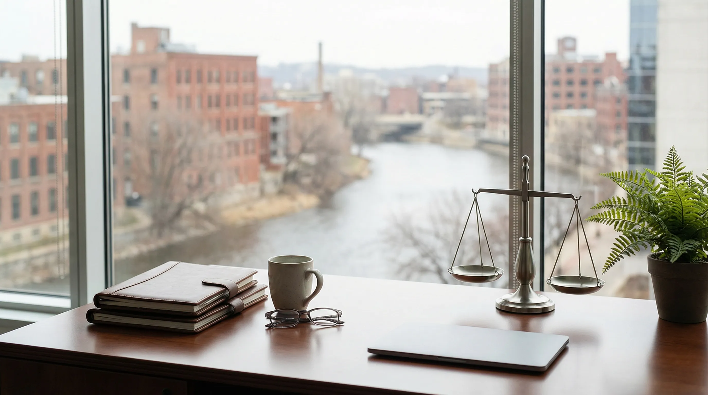 Professional personal injury attorney at desk in Grand Rapids, MI law office — reviewing case documents with Grand River view in background
