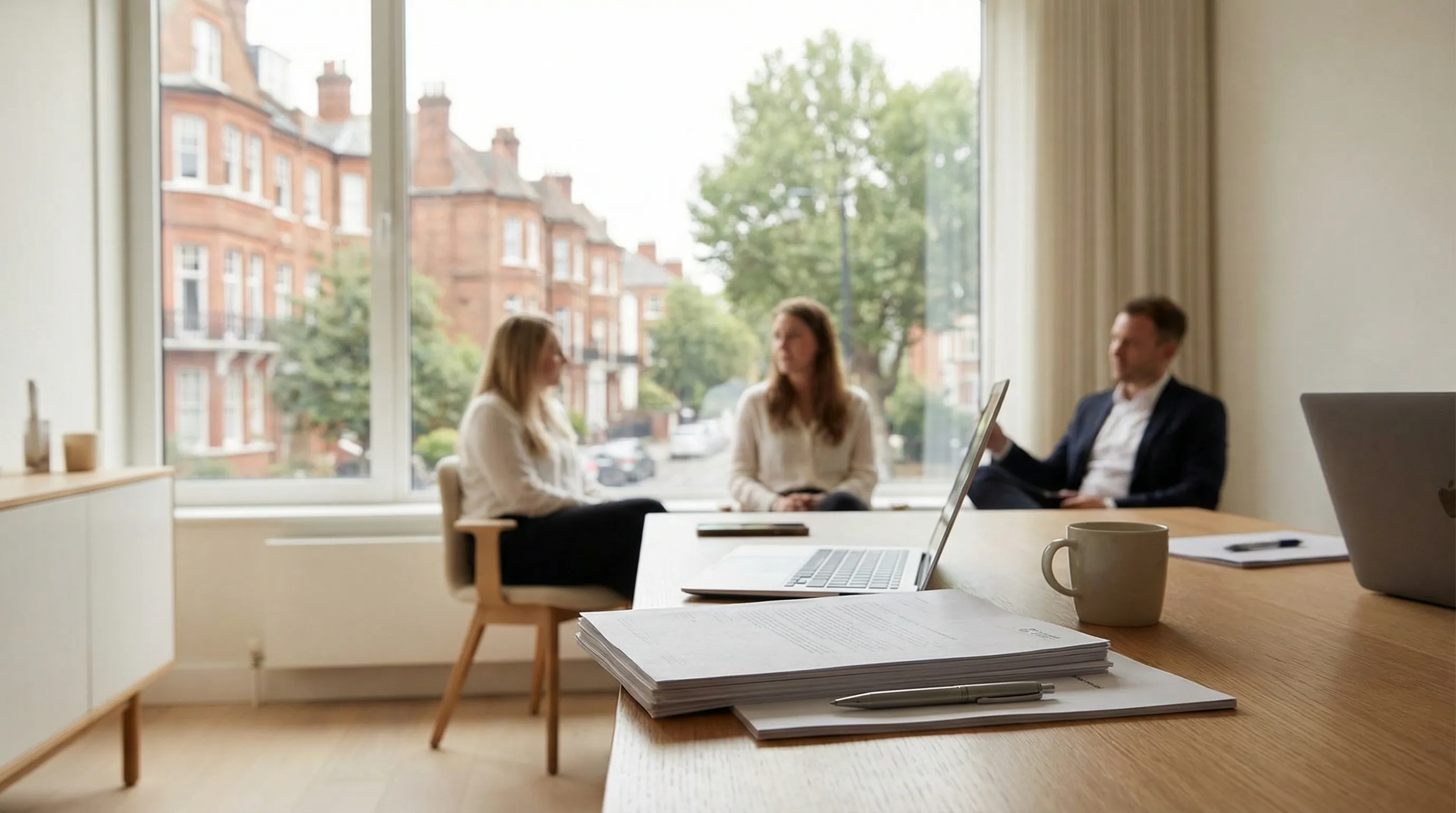 Young couple signing home purchase documents with real estate agent in Grand Rapids, MI — natural light, professional setting, warm consultative tone