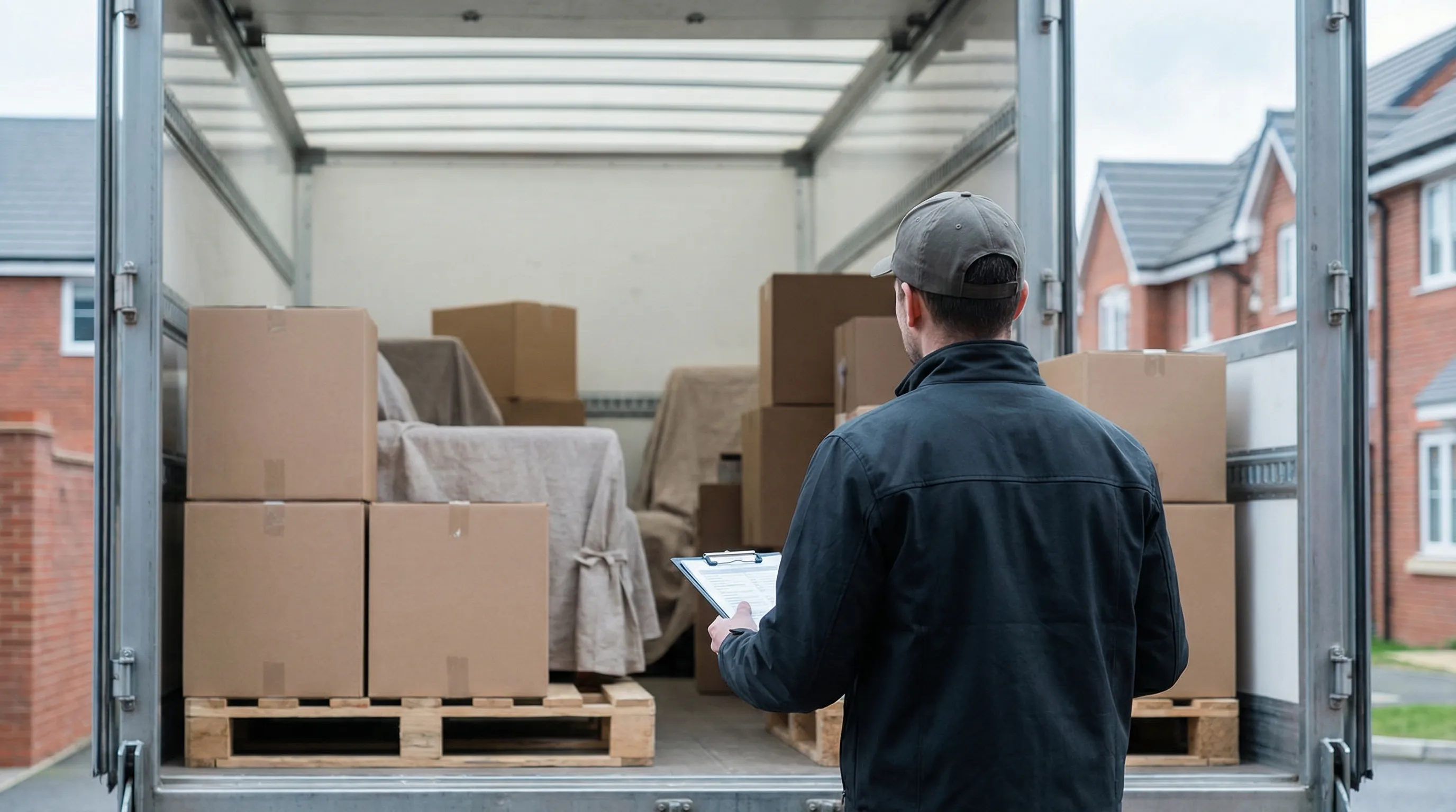Professional moving crew carefully loading furniture into branded moving truck in Grand Rapids, MI suburban neighborhood — summer day, reliable service