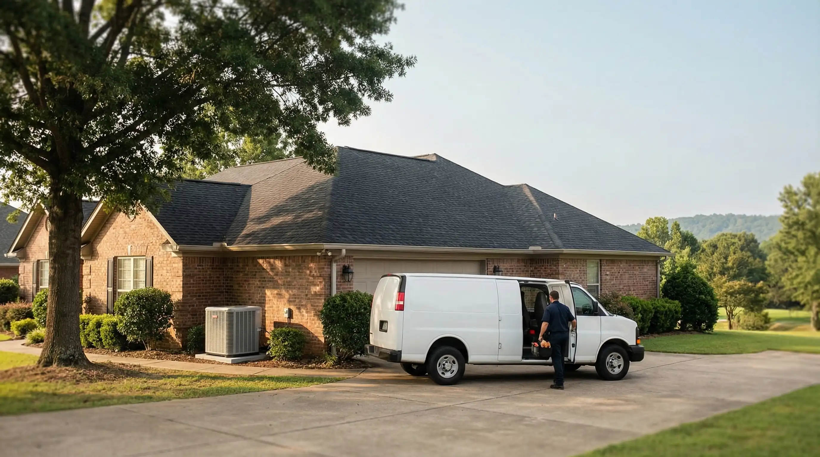 Professional HVAC technician servicing a residential AC unit outside a brick home in Little Rock, AR