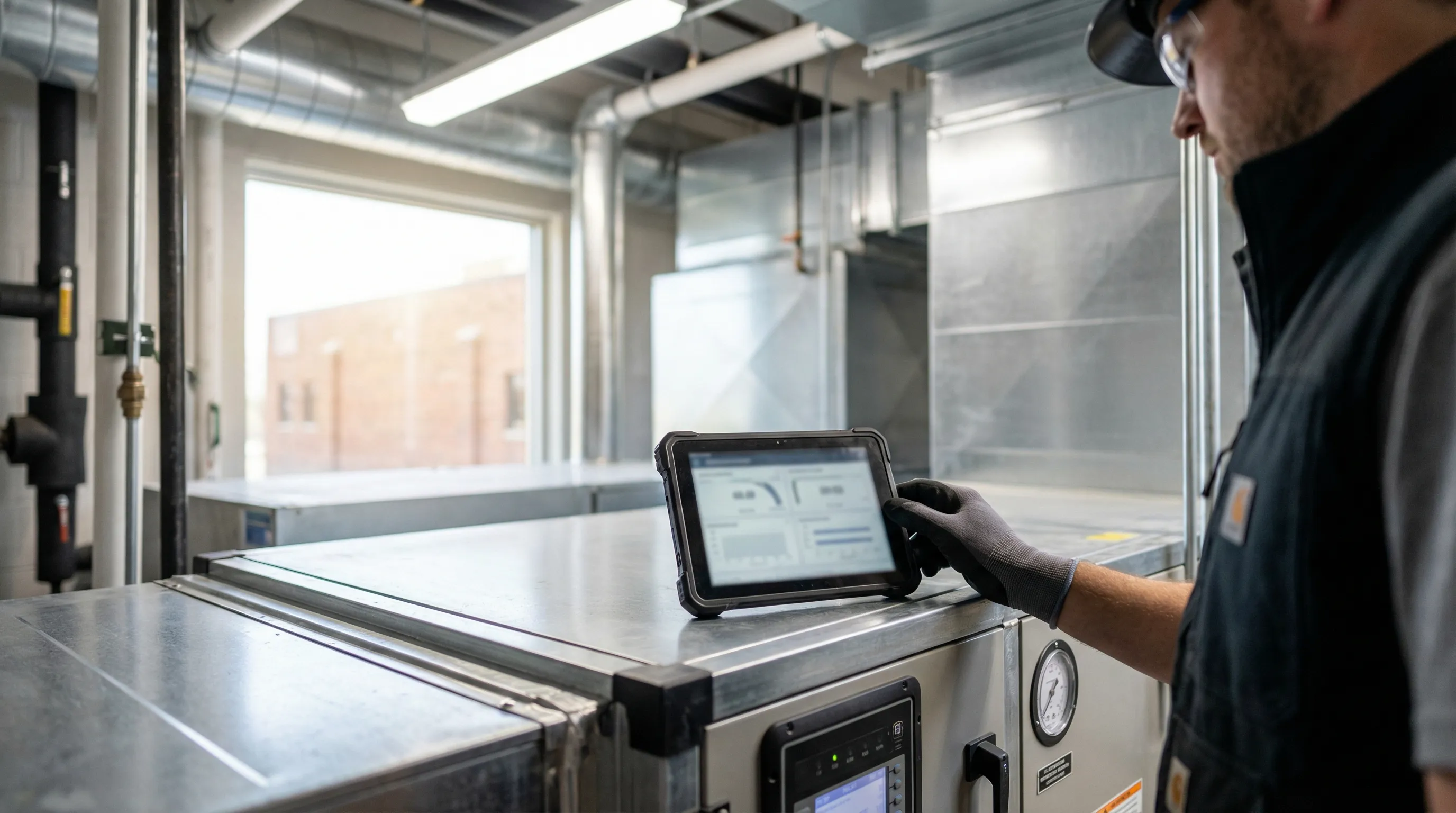 Professional HVAC technician servicing a residential AC unit outside a brick home in Little Rock, AR