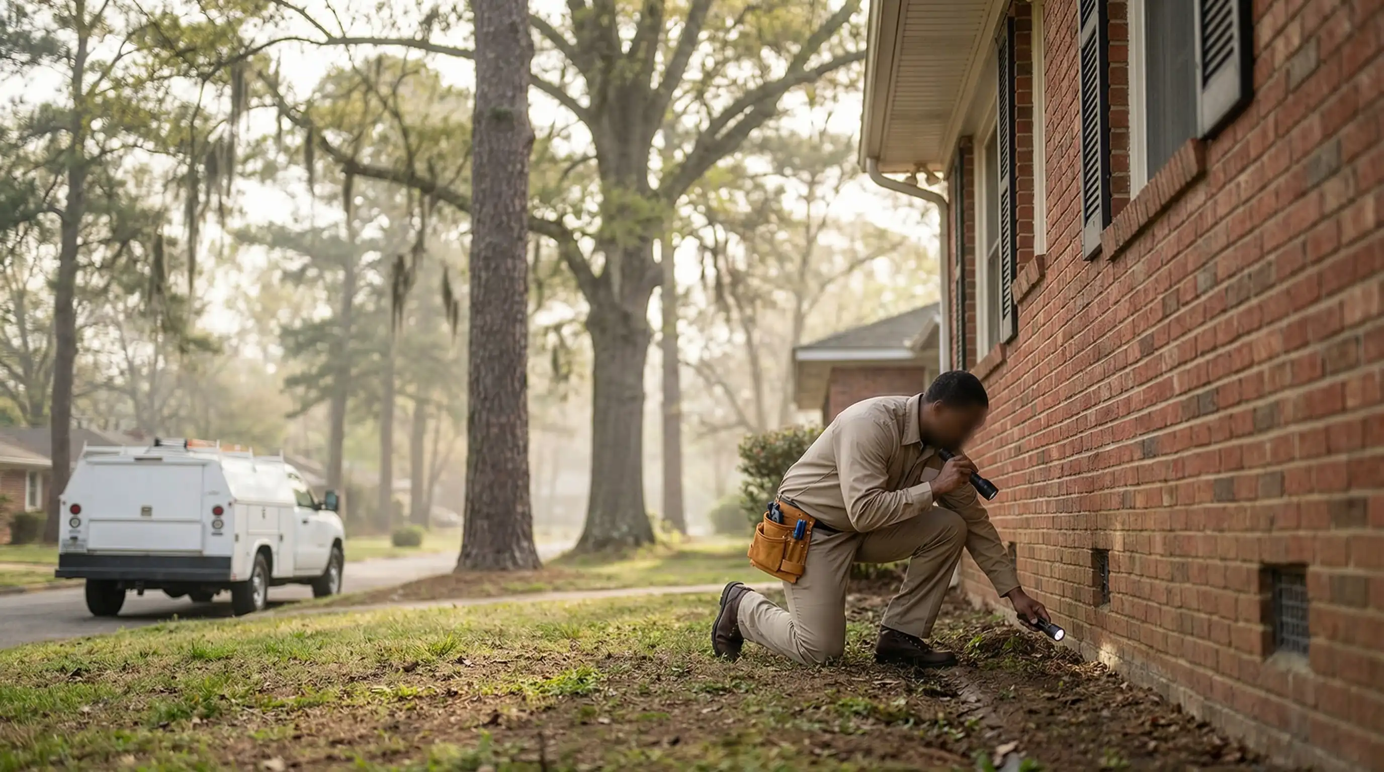 Pest control technician performing termite inspection along the foundation of a brick home in Little Rock, AR
