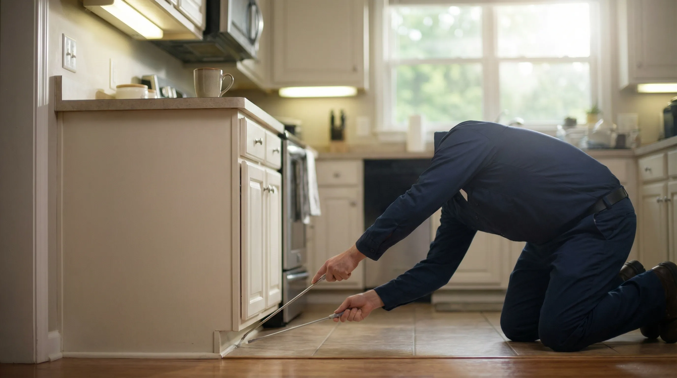 Pest control technician performing termite inspection along the foundation of a brick home in Little Rock, AR