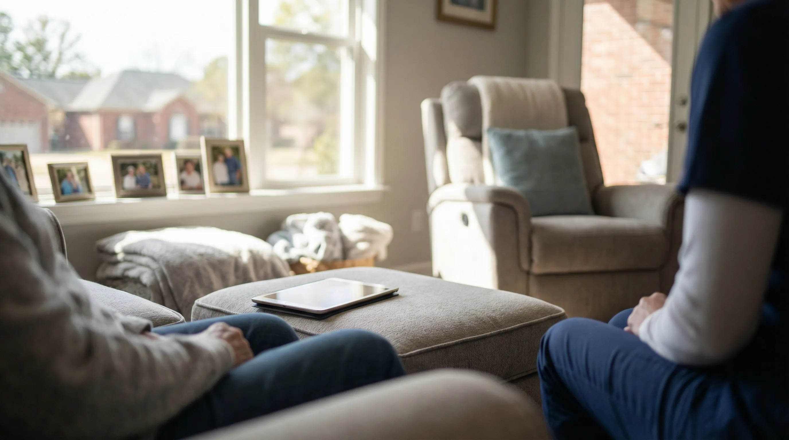 Professional caregiver greeting an elderly woman on the porch of a brick home in Little Rock, AR