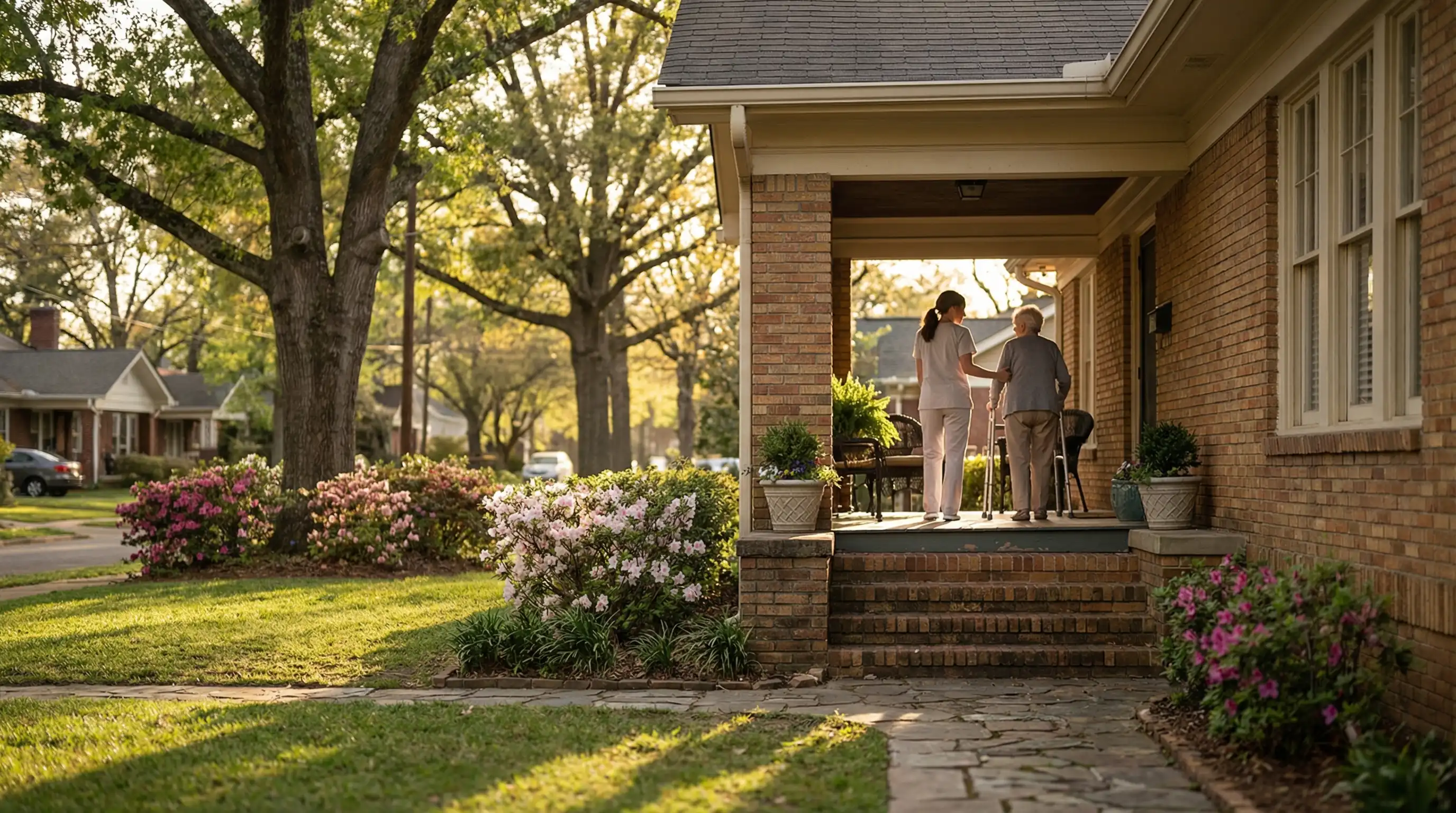 Professional caregiver greeting an elderly woman on the porch of a brick home in Little Rock, AR