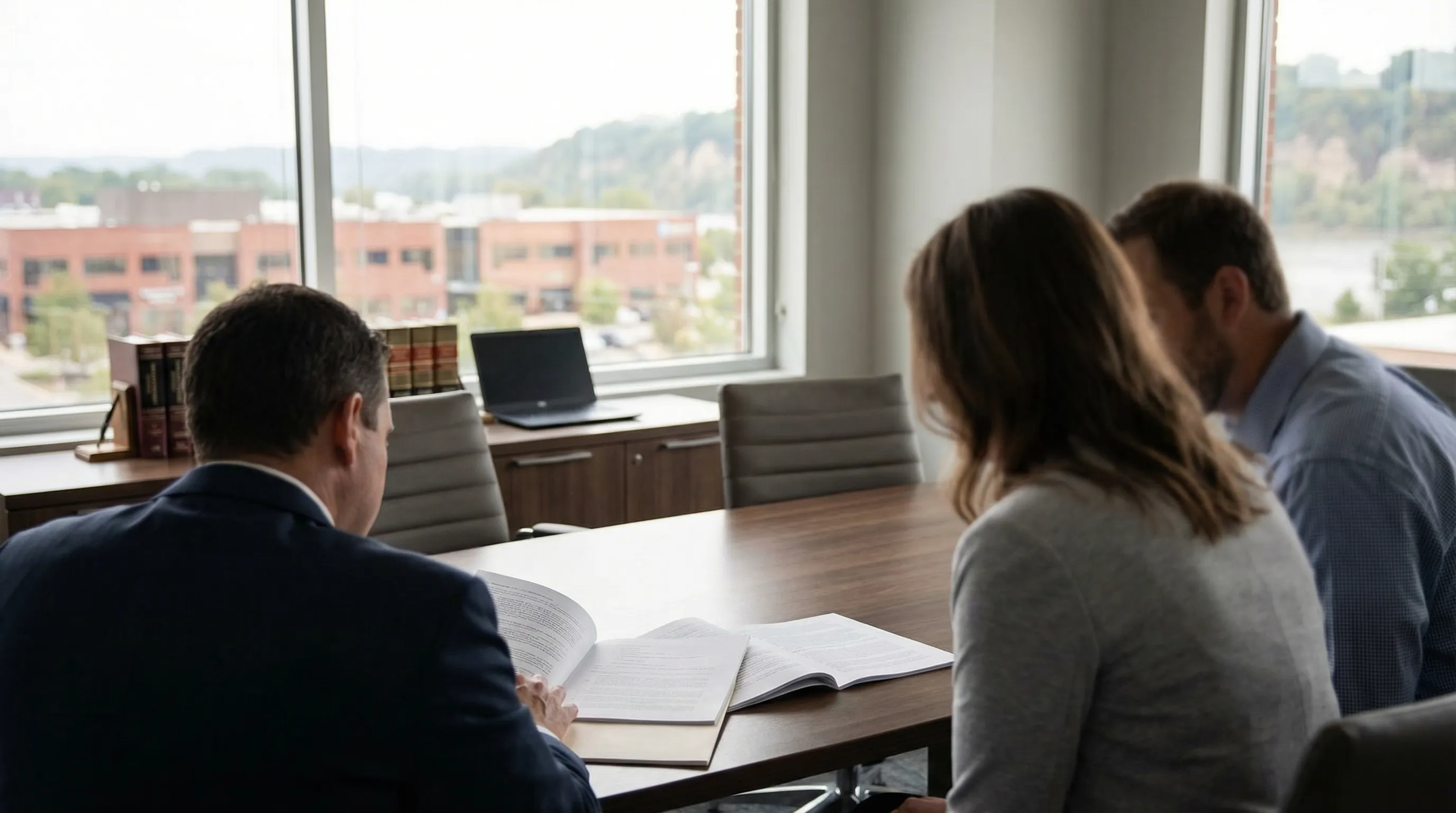 Professional attorney walking outside a stately law office in downtown Little Rock, AR with the Arkansas State Capitol in the background