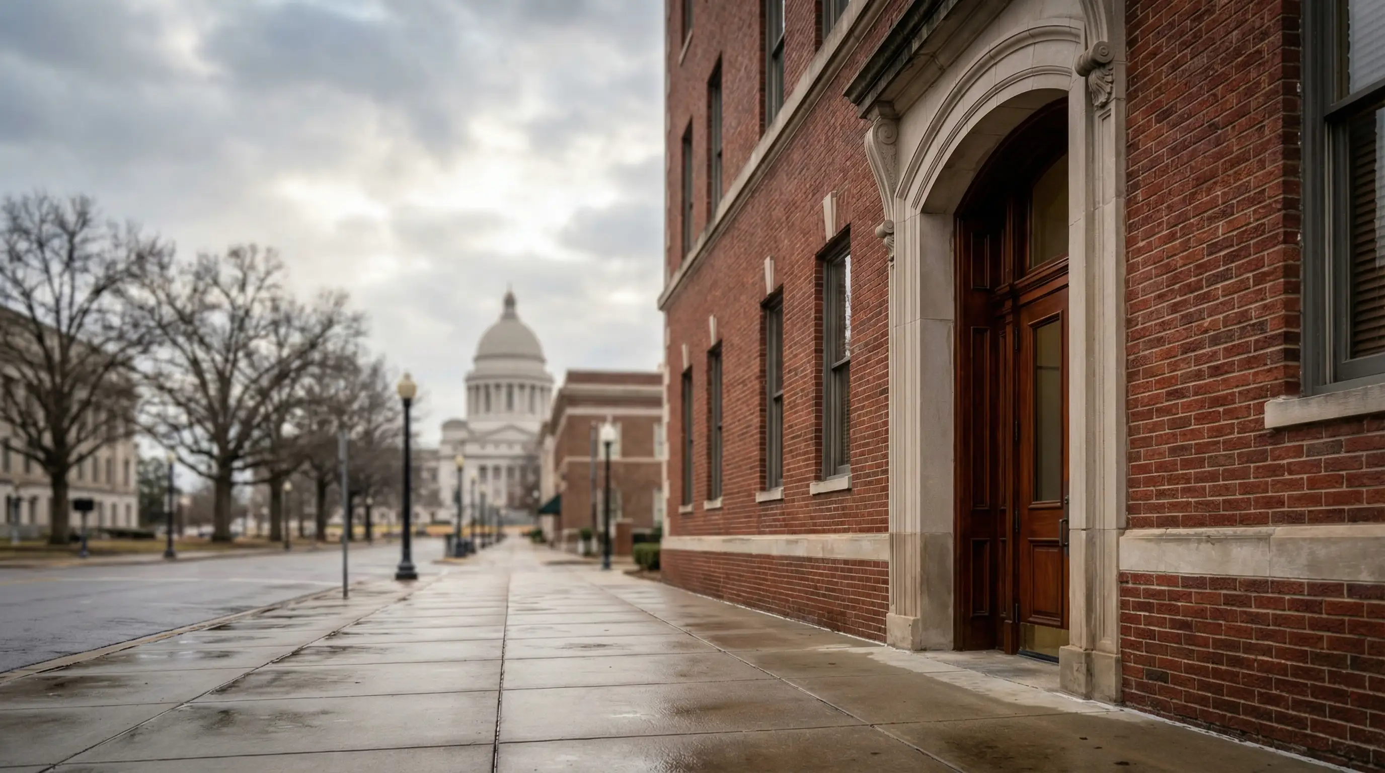Professional attorney walking outside a stately law office in downtown Little Rock, AR with the Arkansas State Capitol in the background