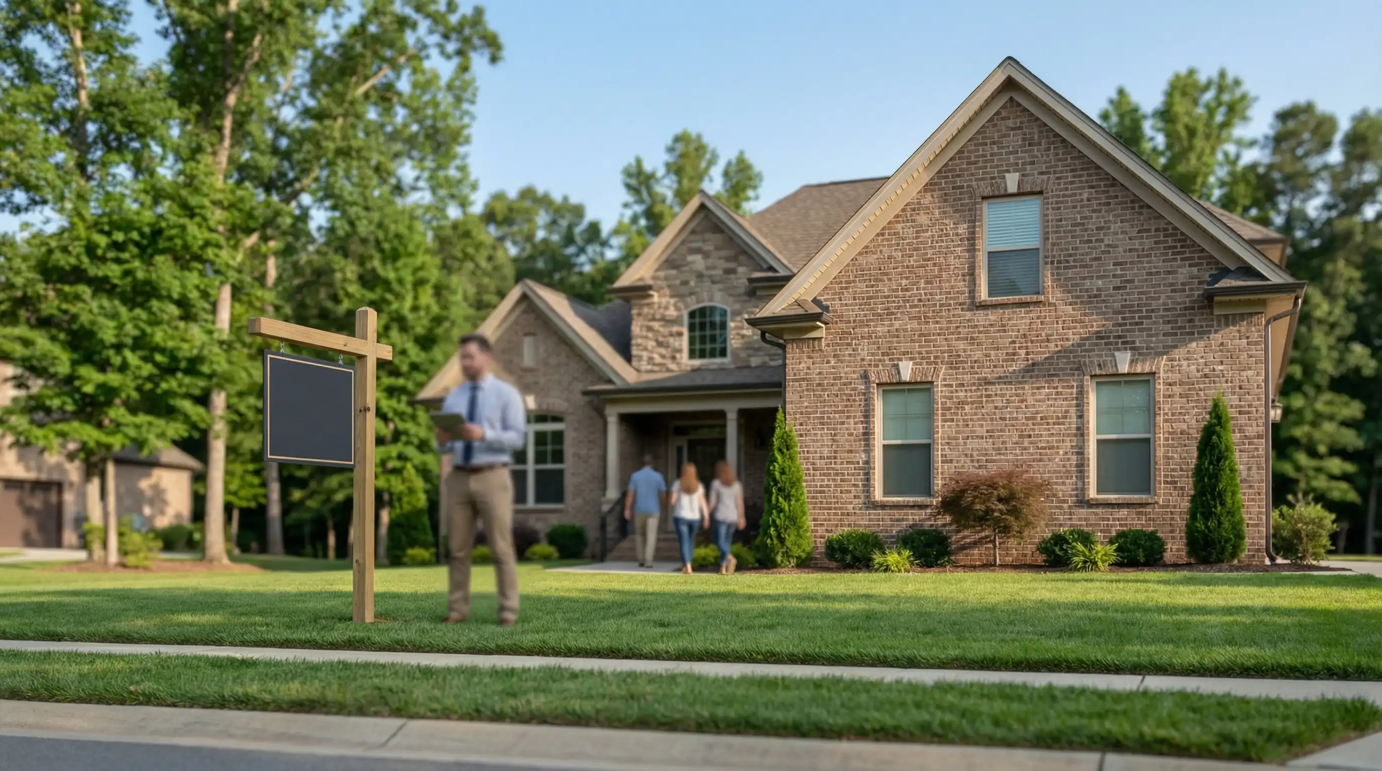 Real estate agent showing a suburban brick home for sale in the Chenal Valley neighborhood of Little Rock, AR