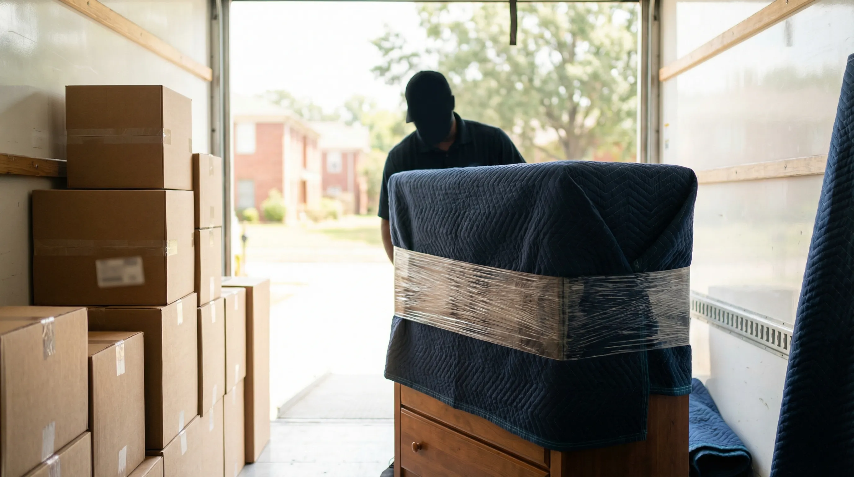 Professional movers loading a moving truck on a residential street in Little Rock, AR on a sunny moving day