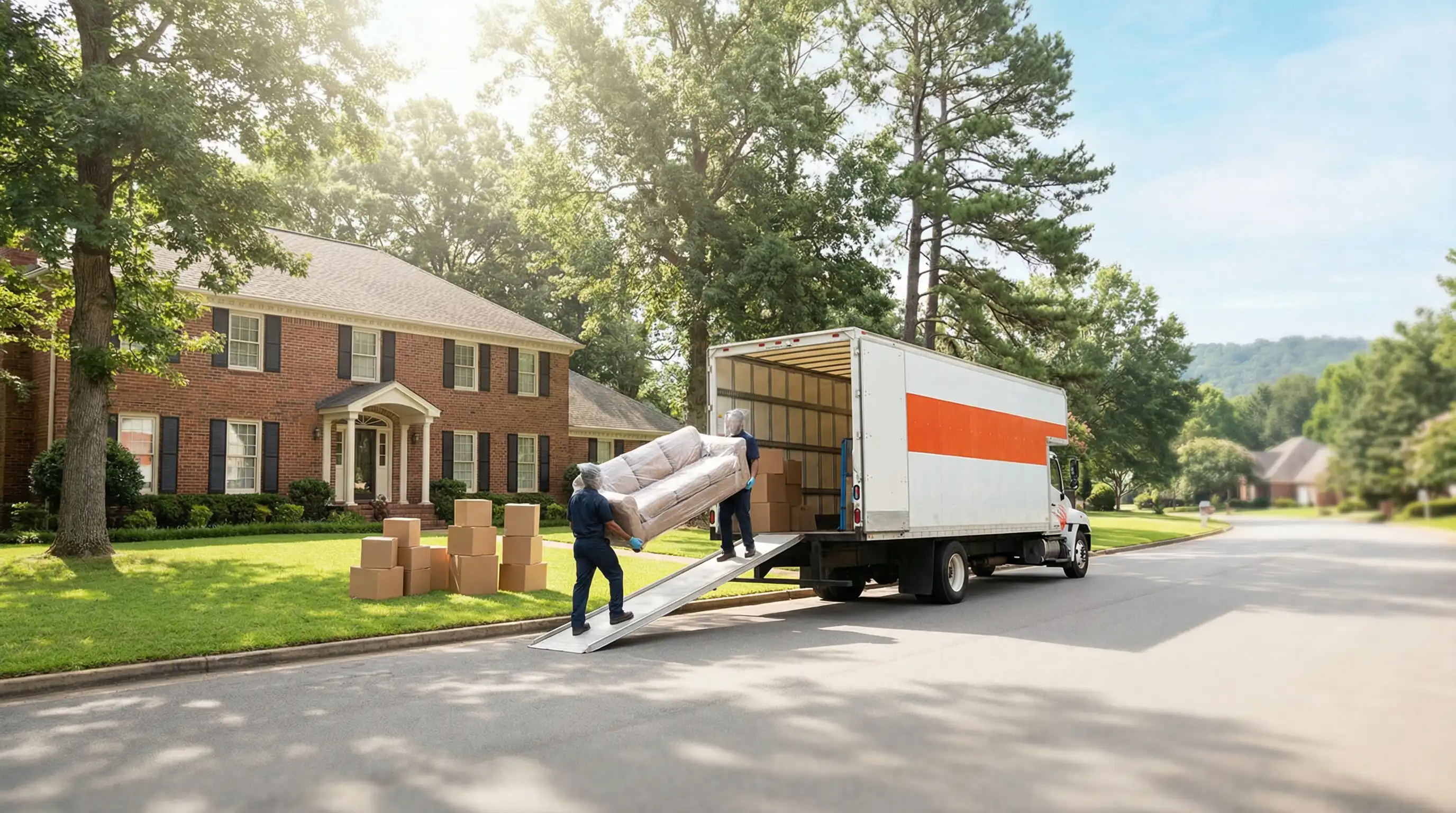 Professional movers loading a moving truck on a residential street in Little Rock, AR on a sunny moving day