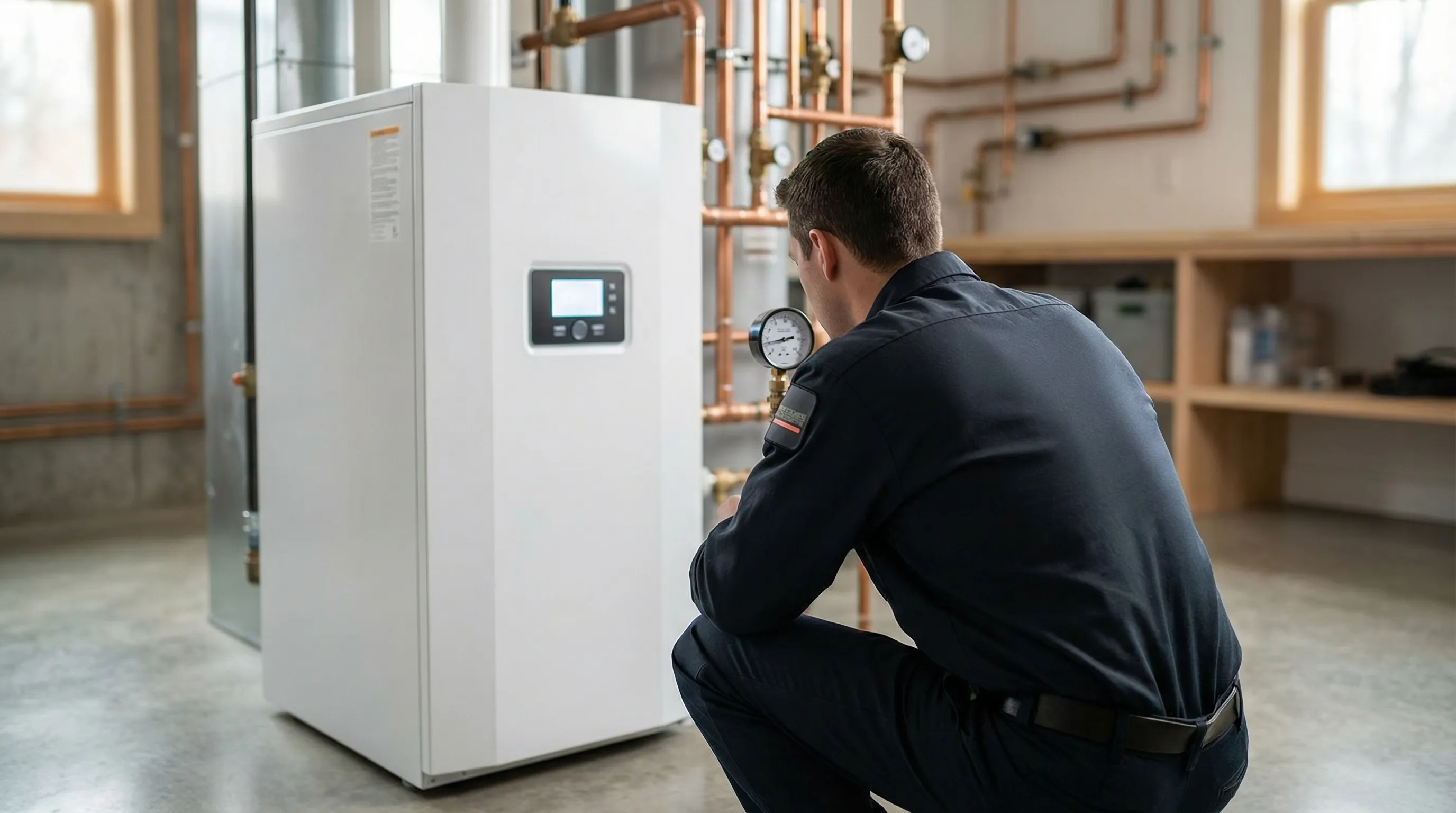 Professional HVAC technician servicing a high-efficiency furnace in a Worcester, MA home