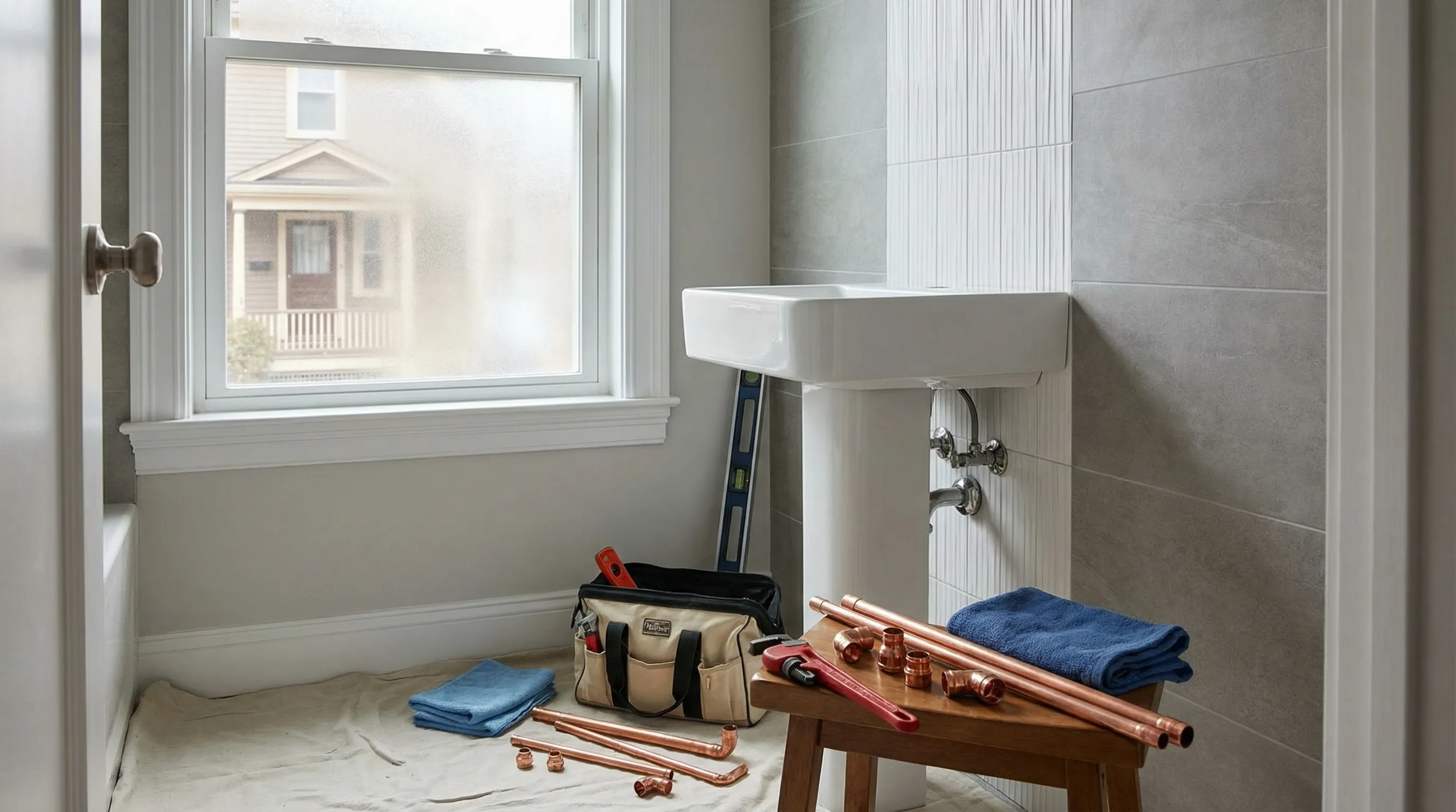 Licensed plumber installing new copper supply lines in a Worcester, MA residential home