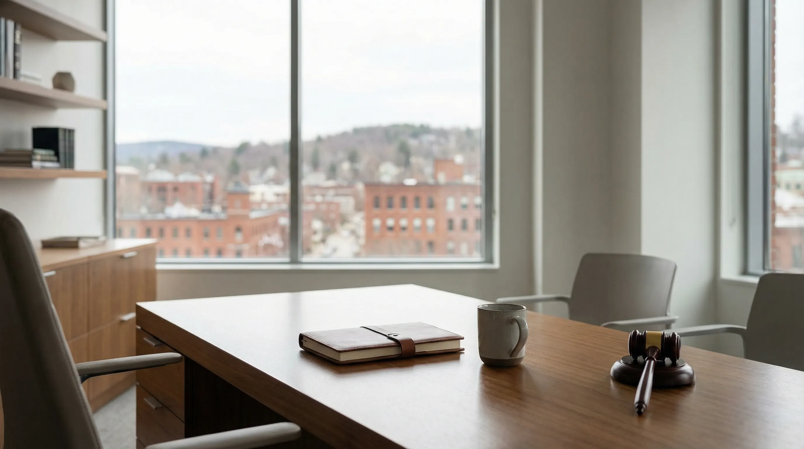 Professional personal injury law office consultation room in Worcester, MA, with attorney meeting client across a desk in a brick-accented downtown building.