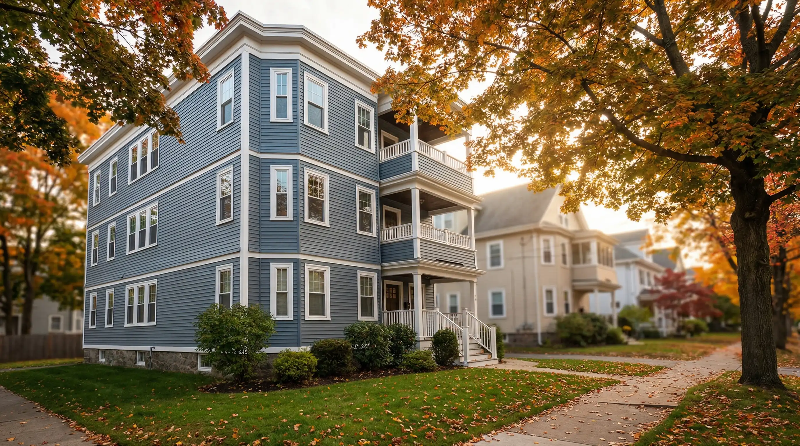 Classic Worcester triple-decker home on a tree-lined residential street in autumn with warm afternoon light and New England foliage, representing the local real estate market.