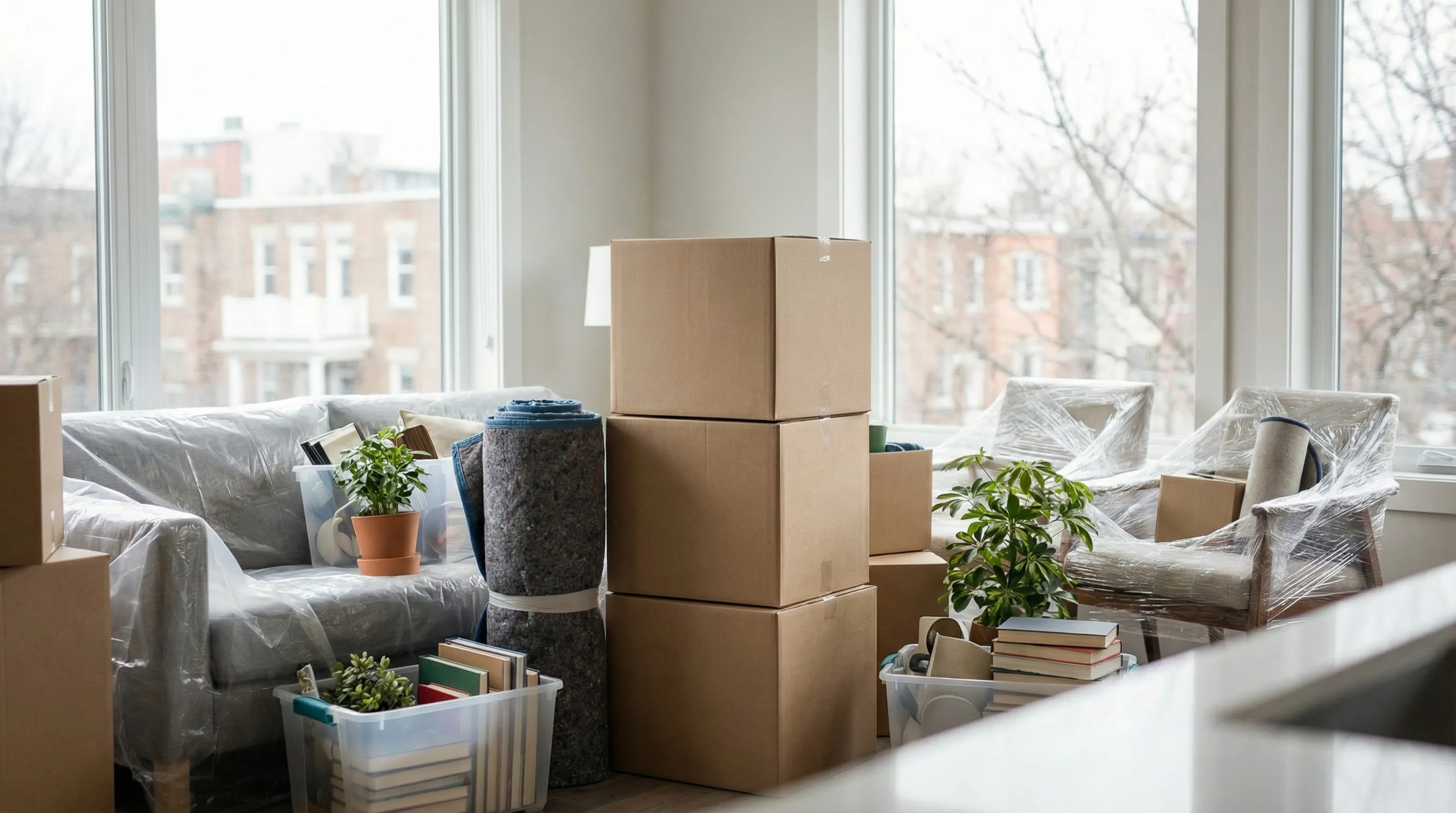 Professional movers loading furniture from a classic Worcester triple-decker apartment building into a moving truck on a residential street, representing local Worcester moving services.