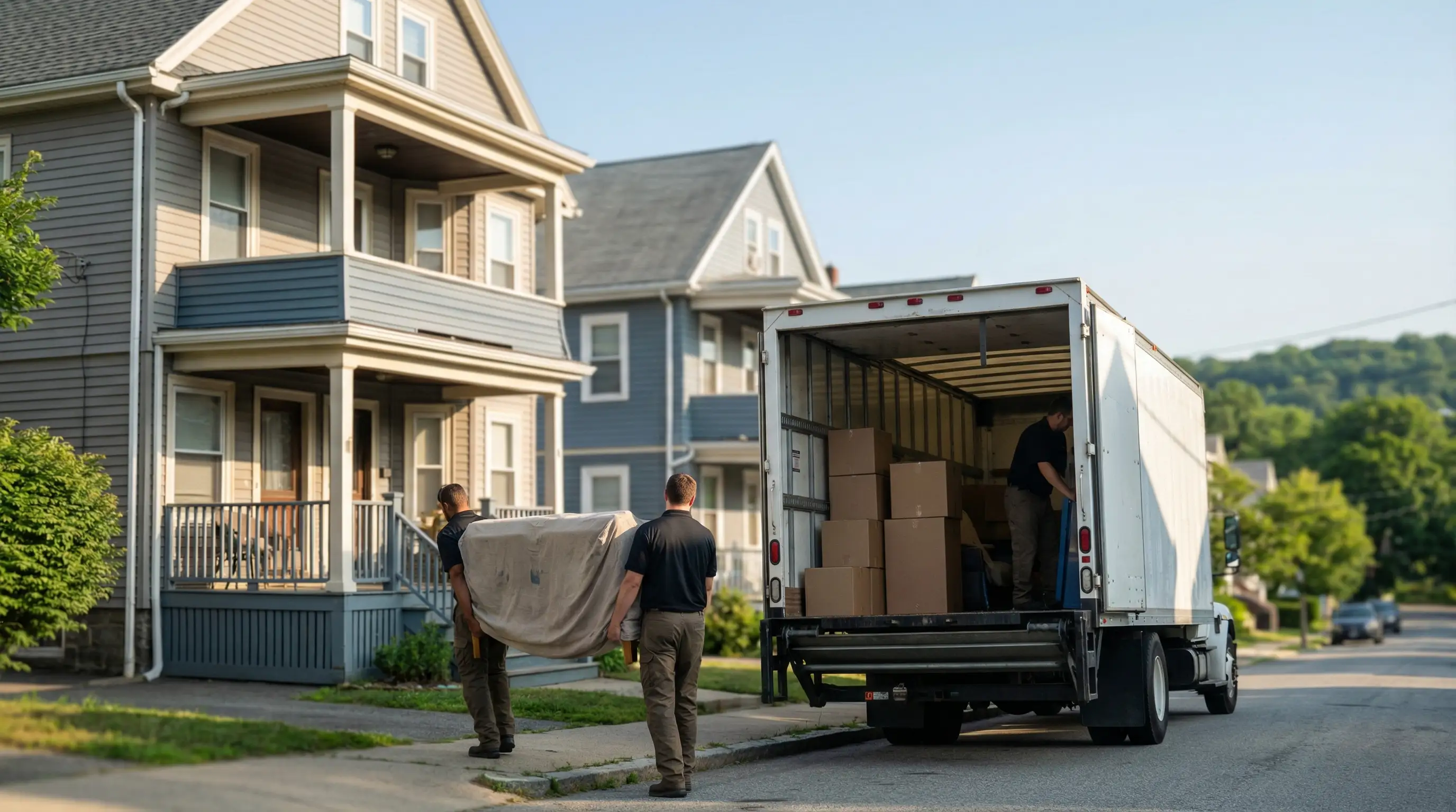 Professional movers loading furniture from a classic Worcester triple-decker apartment building into a moving truck on a residential street, representing local Worcester moving services.