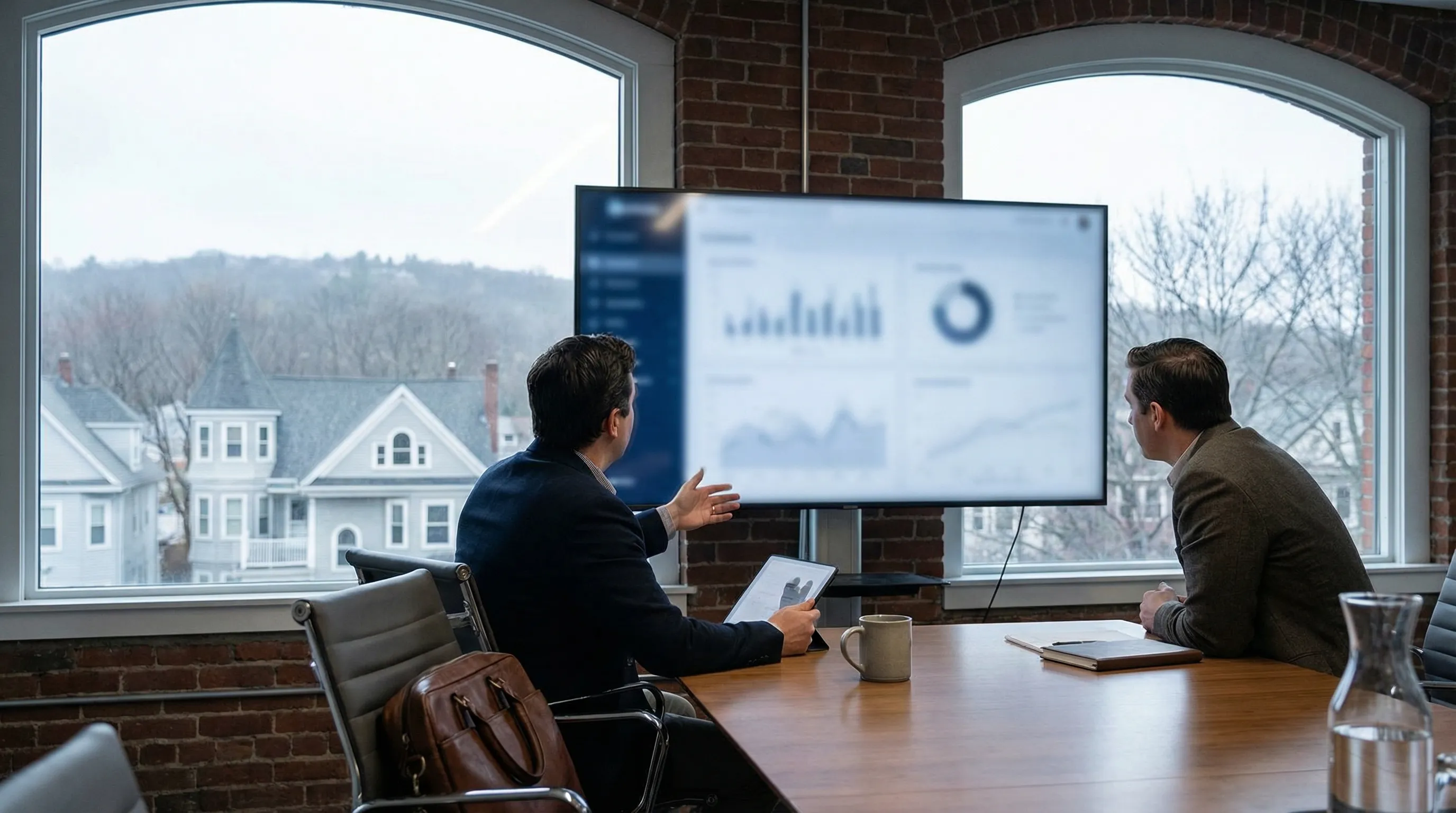 IT consultant reviewing a cybersecurity assessment with a Worcester business owner in a modern professional office, representing local managed IT services in Worcester, MA.