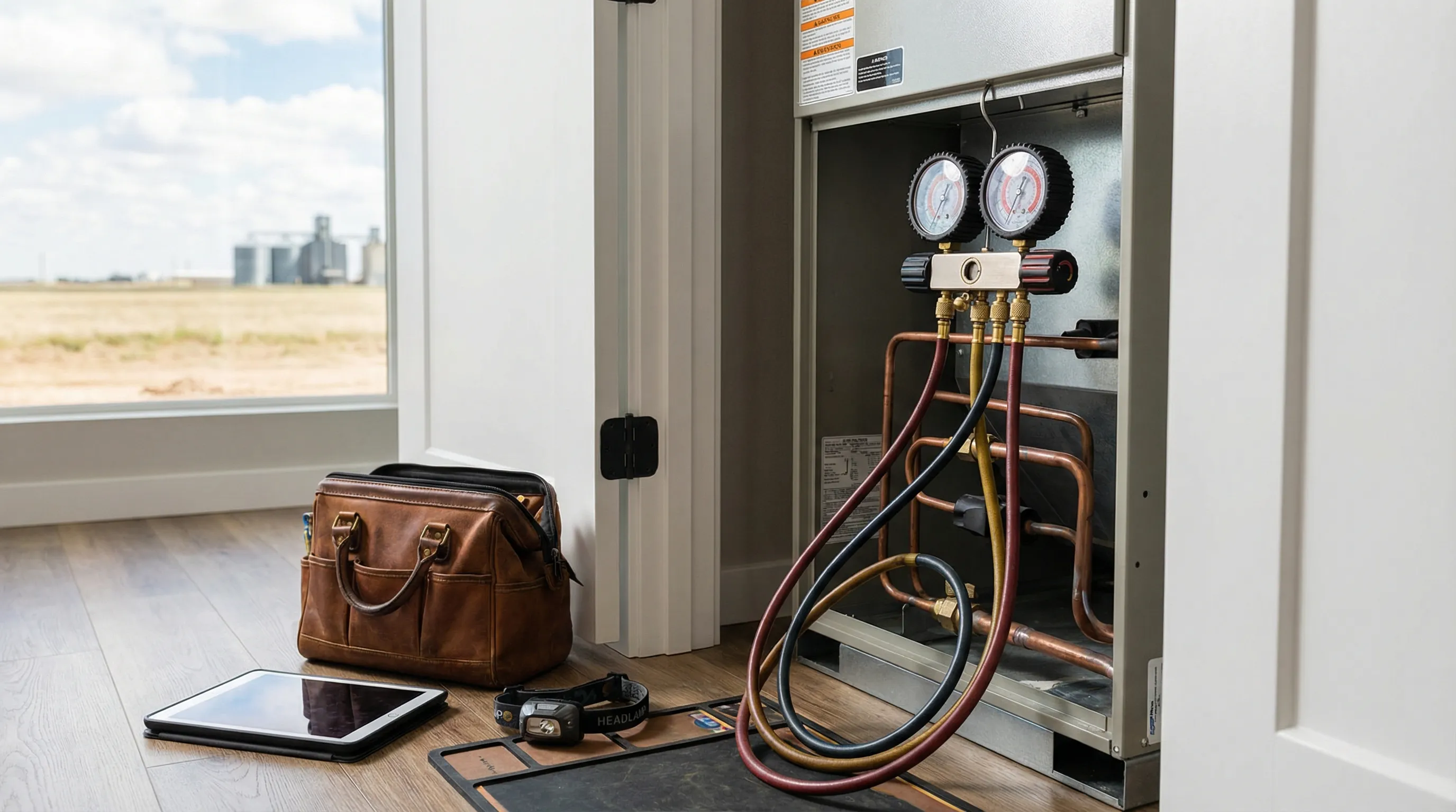 Professional HVAC technician servicing a residential air conditioning system outside a brick ranch home in Amarillo, TX under a wide Texas Panhandle sky