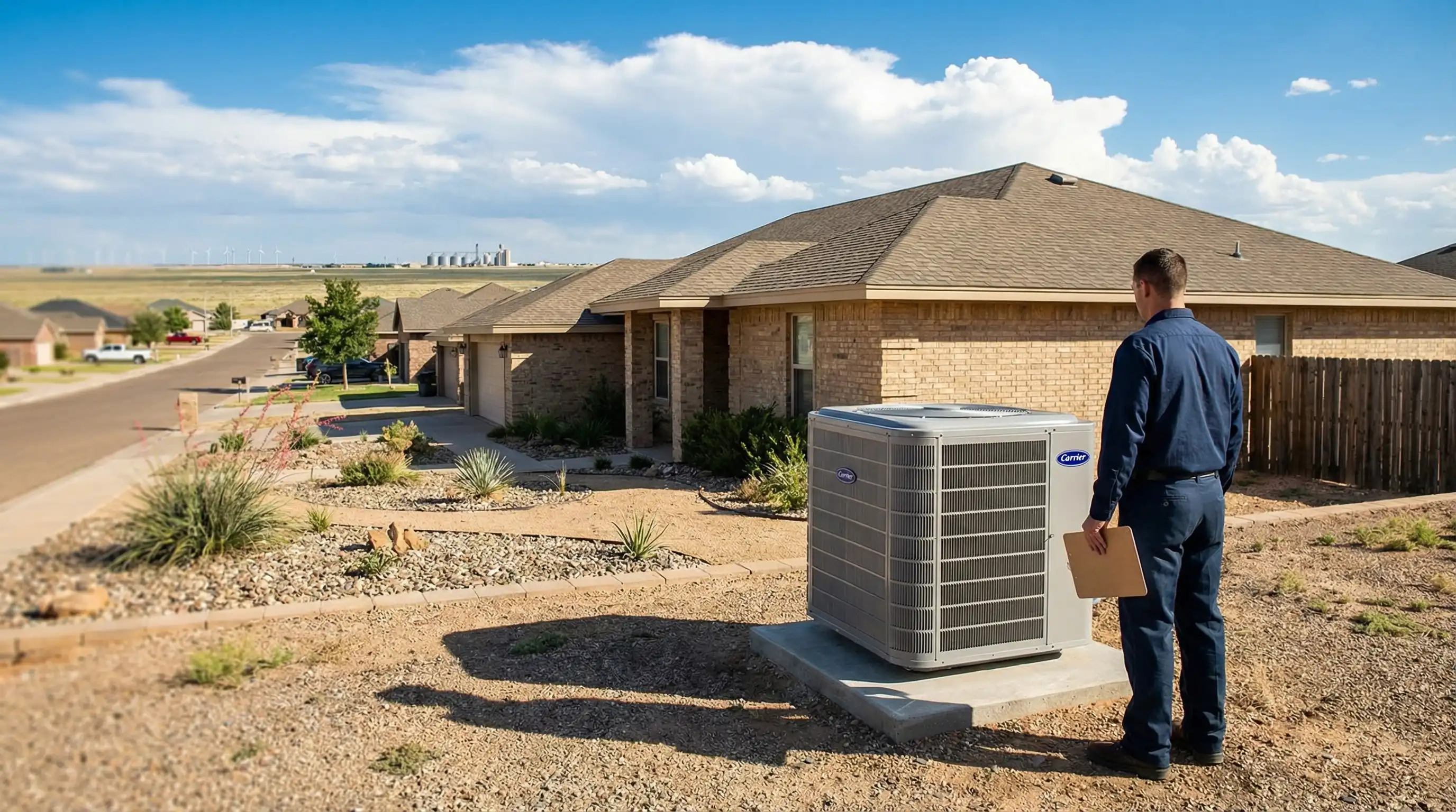 Professional HVAC technician servicing a residential air conditioning system outside a brick ranch home in Amarillo, TX under a wide Texas Panhandle sky