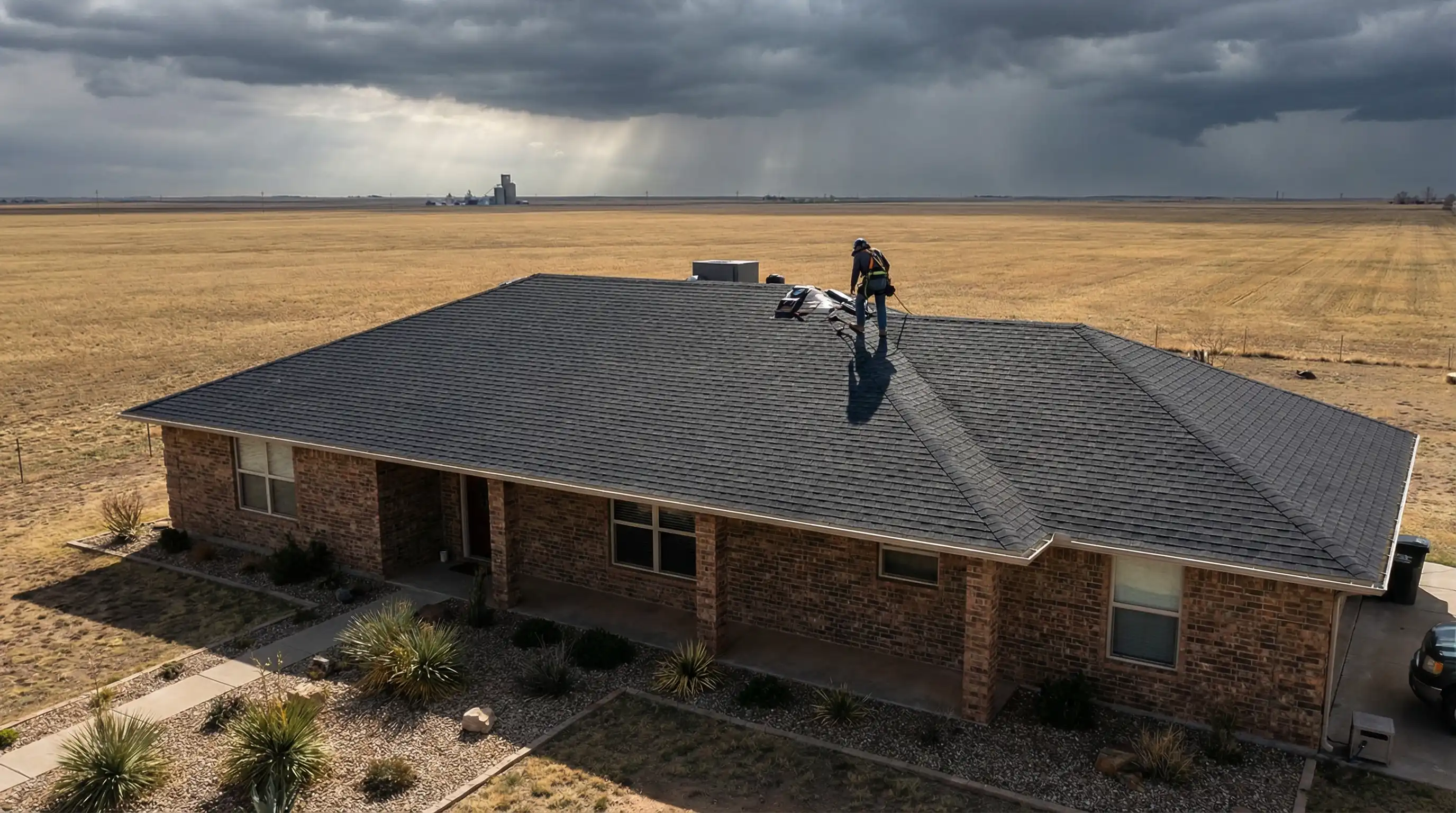 Roofing contractor inspecting hail damage on a residential roof in Amarillo, TX under dramatic Panhandle storm clouds