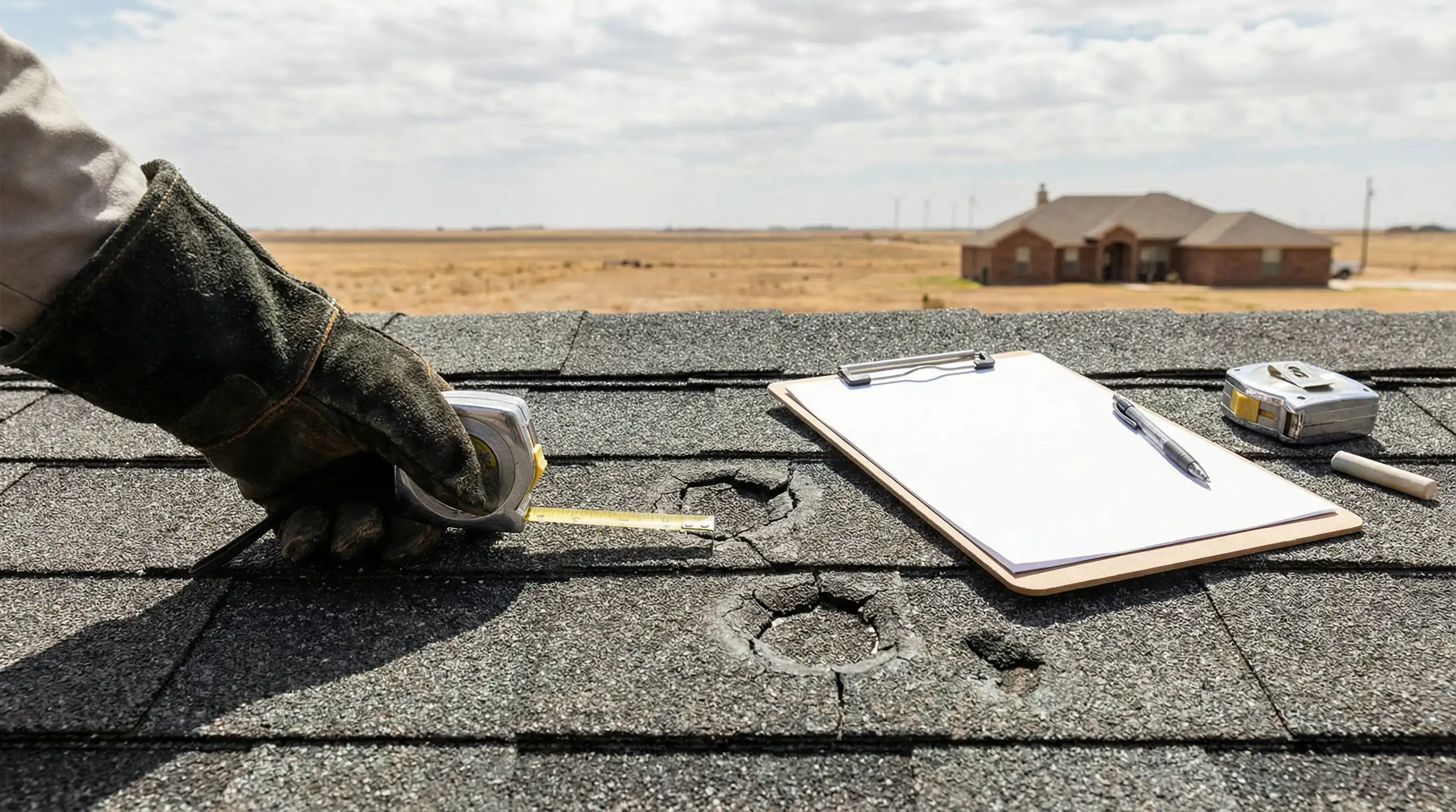 Roofing contractor inspecting hail damage on a residential roof in Amarillo, TX under dramatic Panhandle storm clouds