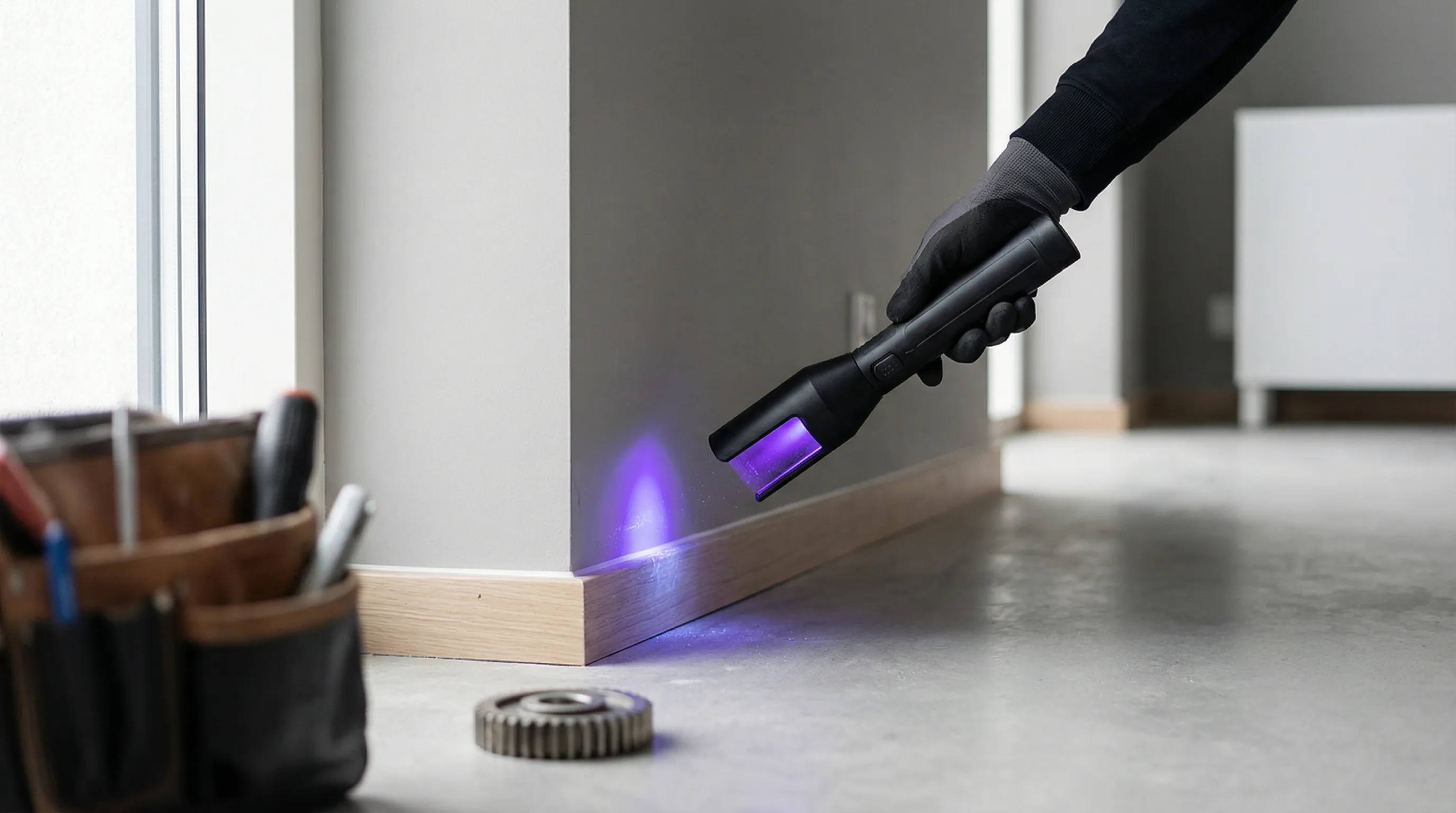 Pest control technician applying perimeter treatment to a brick ranch home in Amarillo, TX with the wide Texas Panhandle sky visible in the background