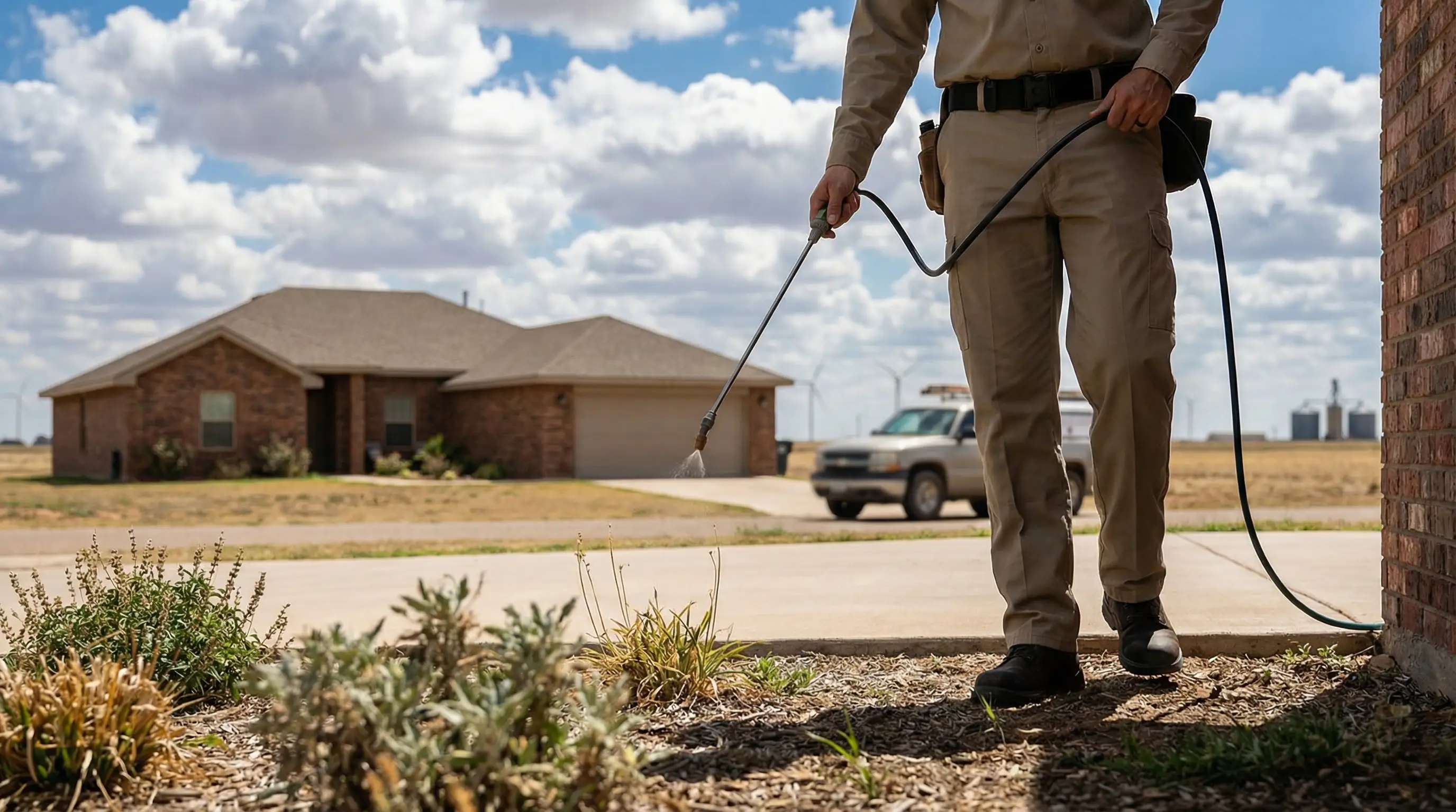 Pest control technician applying perimeter treatment to a brick ranch home in Amarillo, TX with the wide Texas Panhandle sky visible in the background
