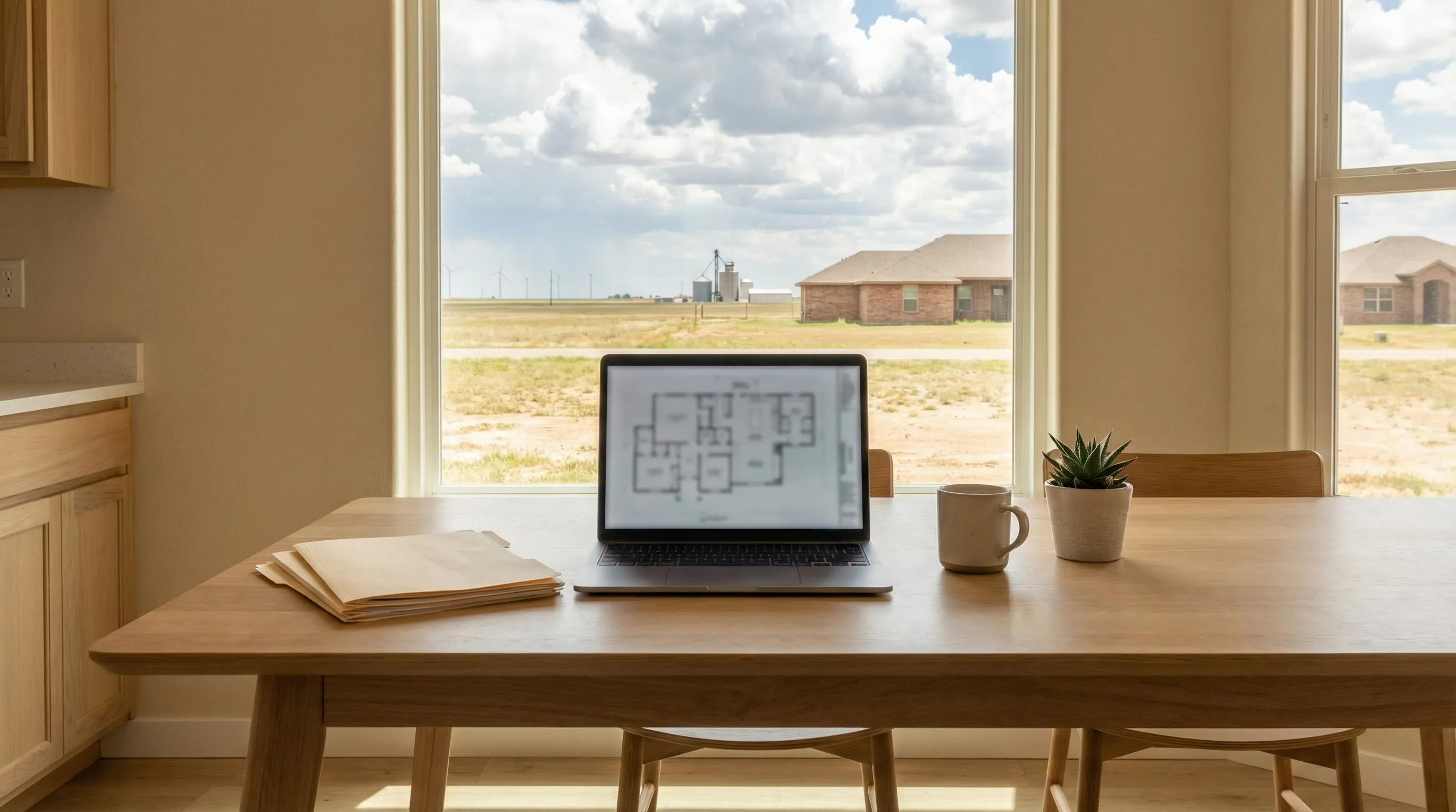 Real estate agent standing in front of a brick ranch home for sale in an Amarillo, TX neighborhood under a wide Texas sky