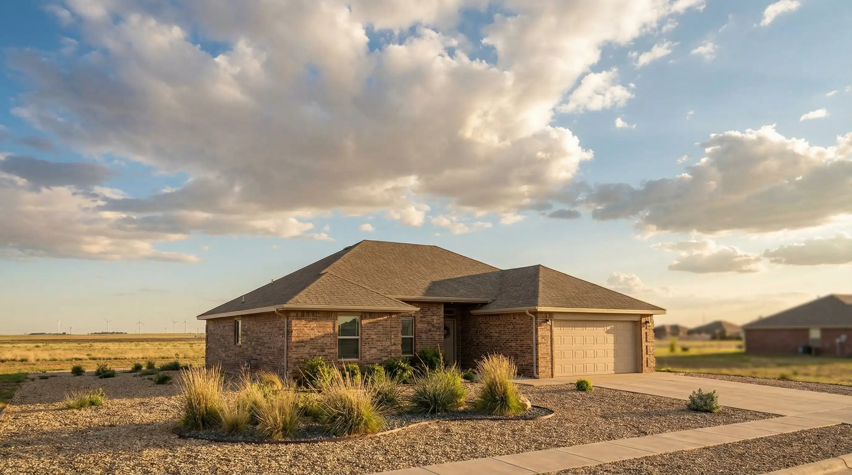 Real estate agent standing in front of a brick ranch home for sale in an Amarillo, TX neighborhood under a wide Texas sky