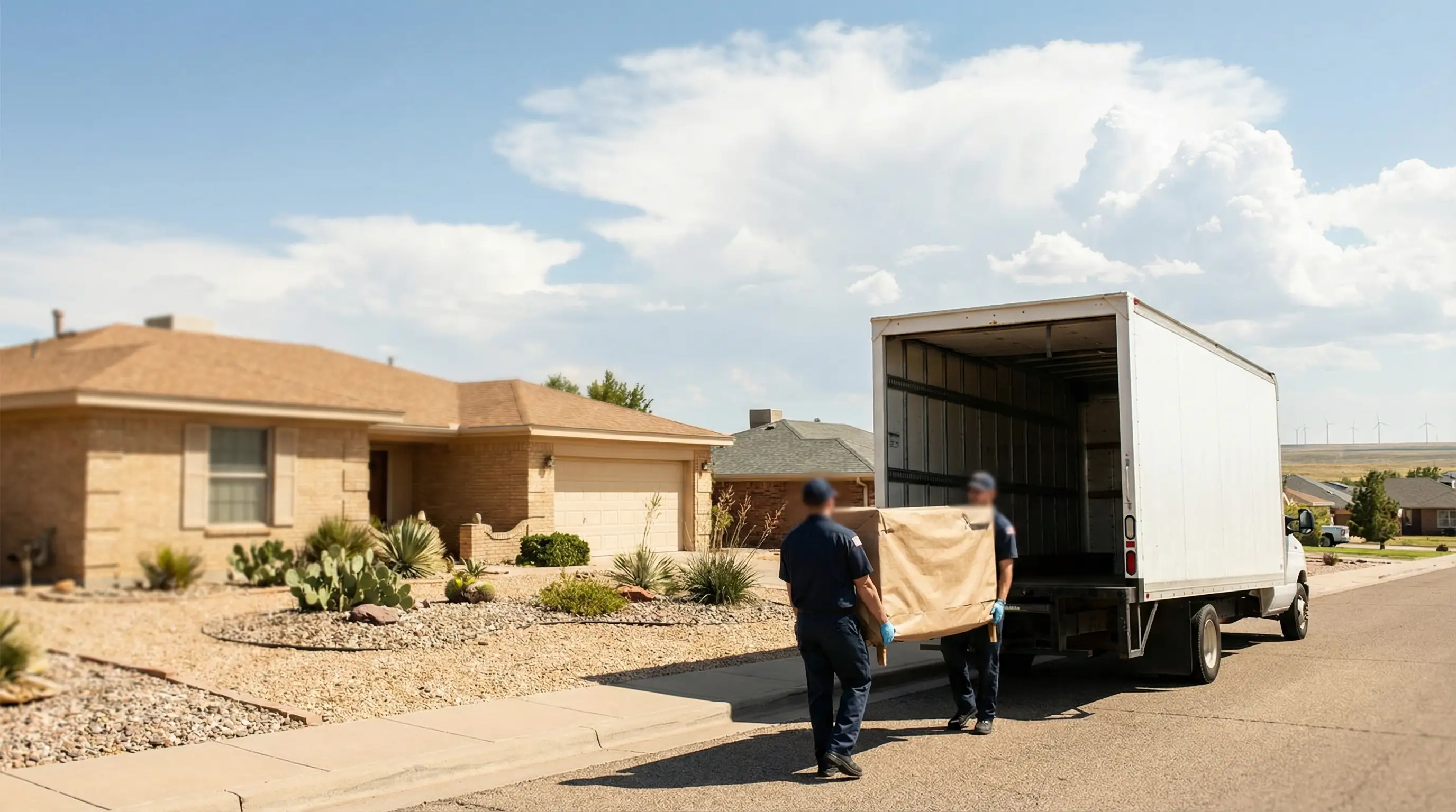 Professional moving crew loading a truck in a sunny Amarillo residential neighborhood, TX