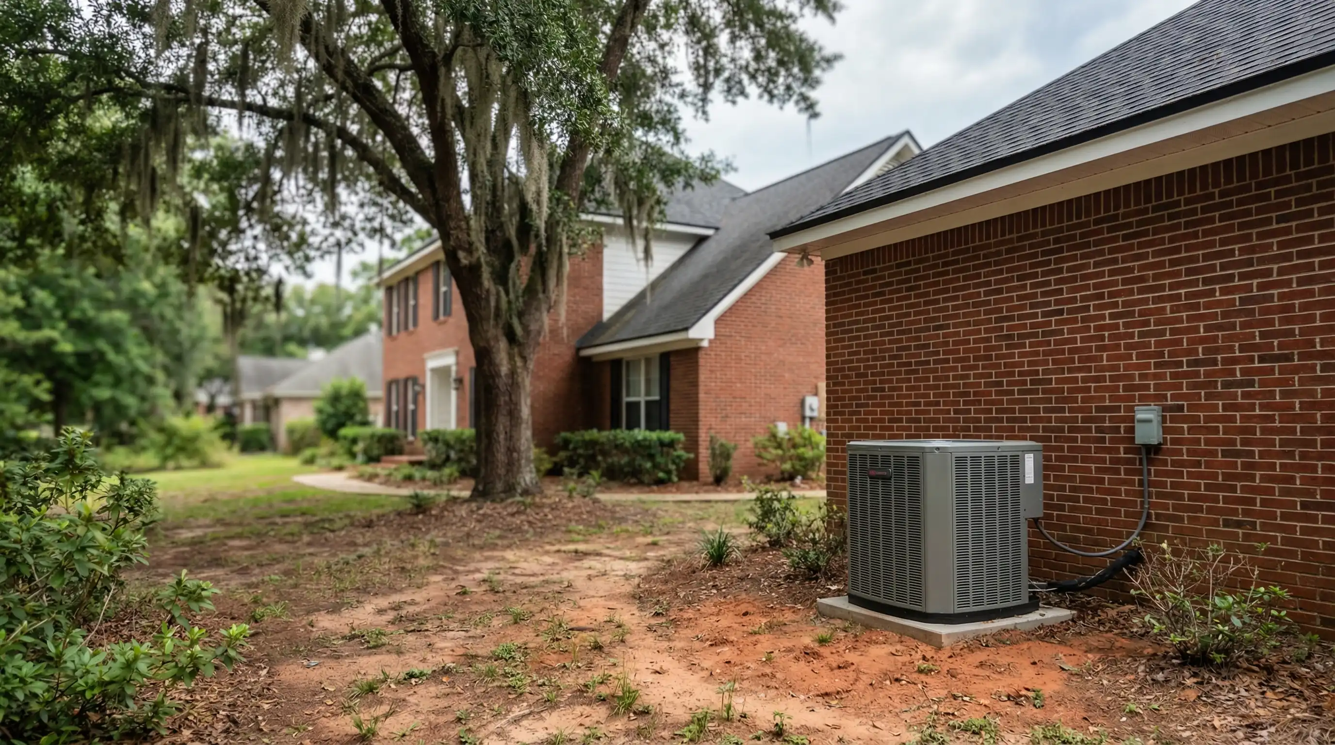 Professional HVAC technician servicing a residential AC unit in Tallahassee, FL