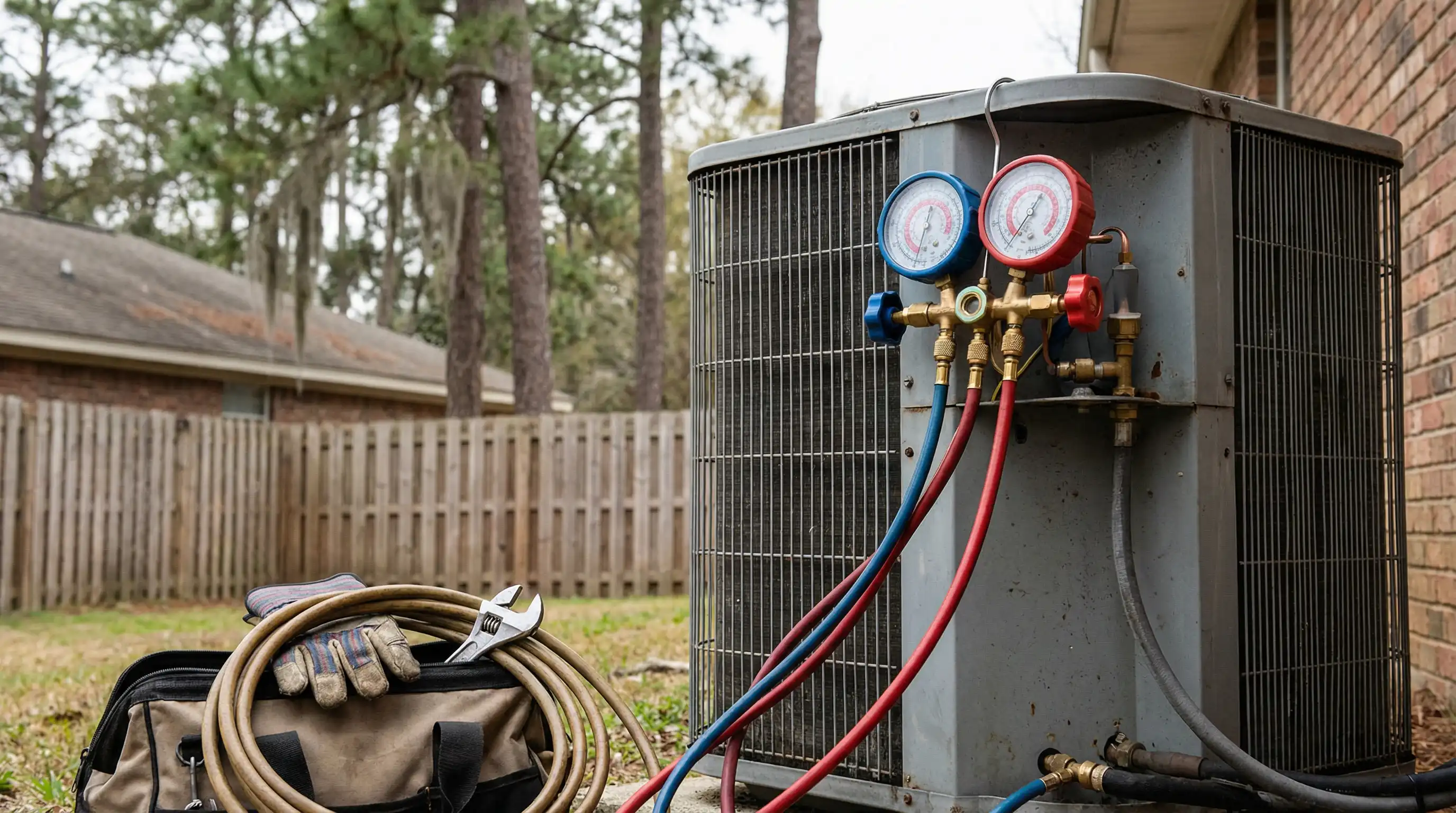 Professional HVAC technician servicing a residential AC unit in Tallahassee, FL